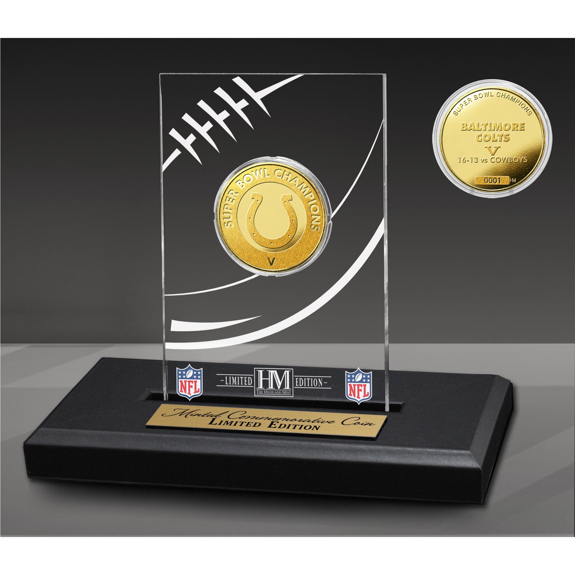Baltimore Colts Highland Mint Super Bowl V Champions 24kt Gold Coin Etched Desktop Acrylic