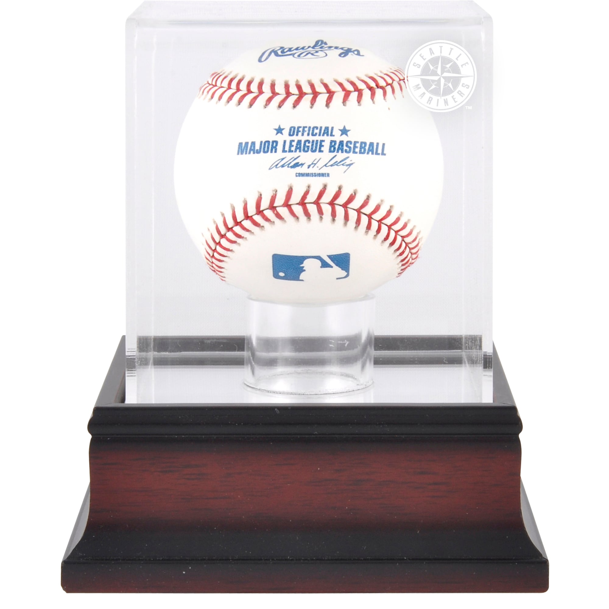 Vetrina espositiva con logo del baseball dei Seattle Mariners in mogano