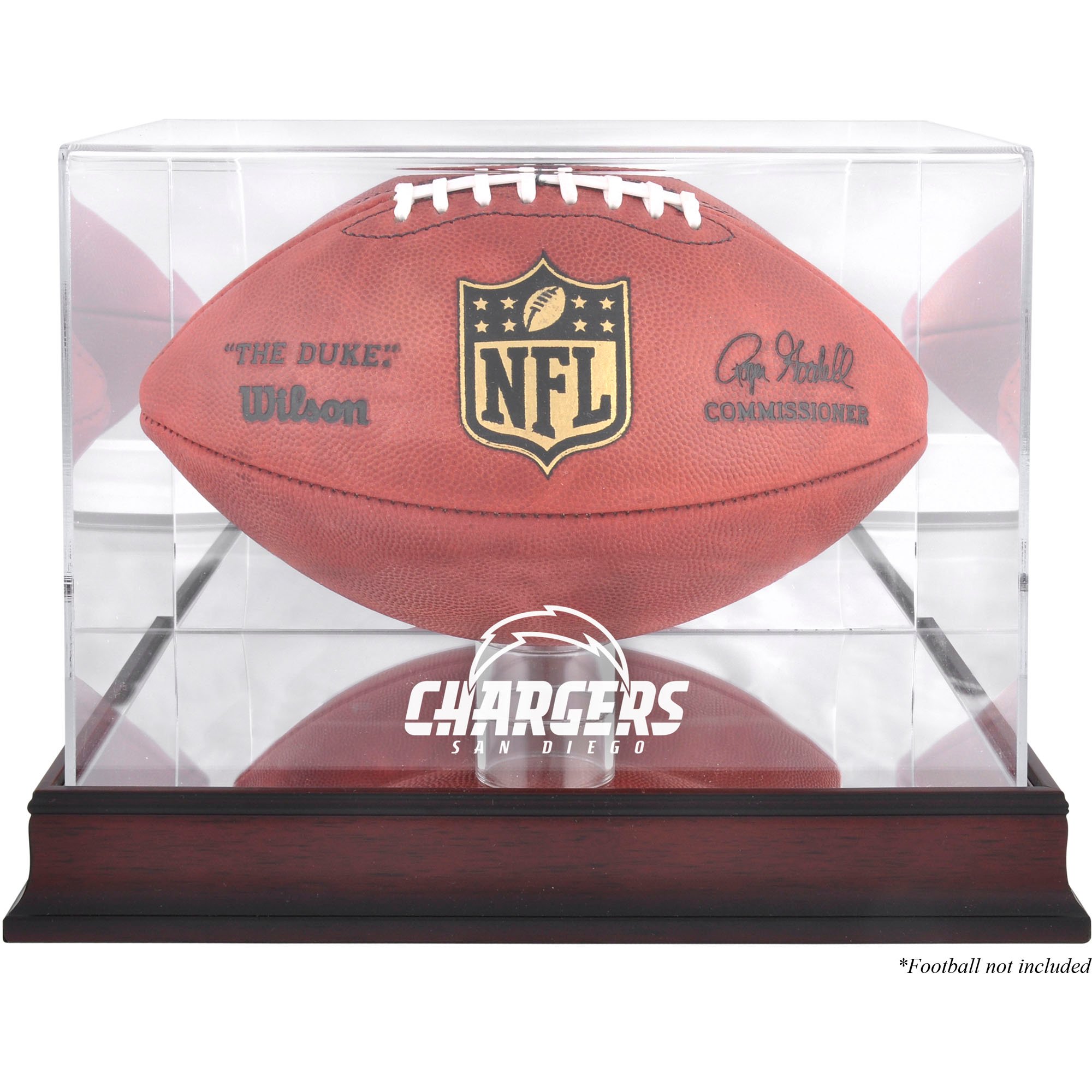 Vetrina con logo da football in mogano dei San Diego Chargers e retro a specchio