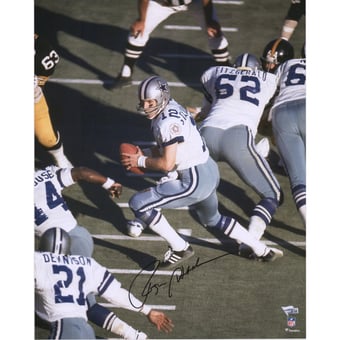 Roger Staubach Dallas Cowboys Autographed 16" x 20" White Jersey Vertical Pass Under Center Photograph
