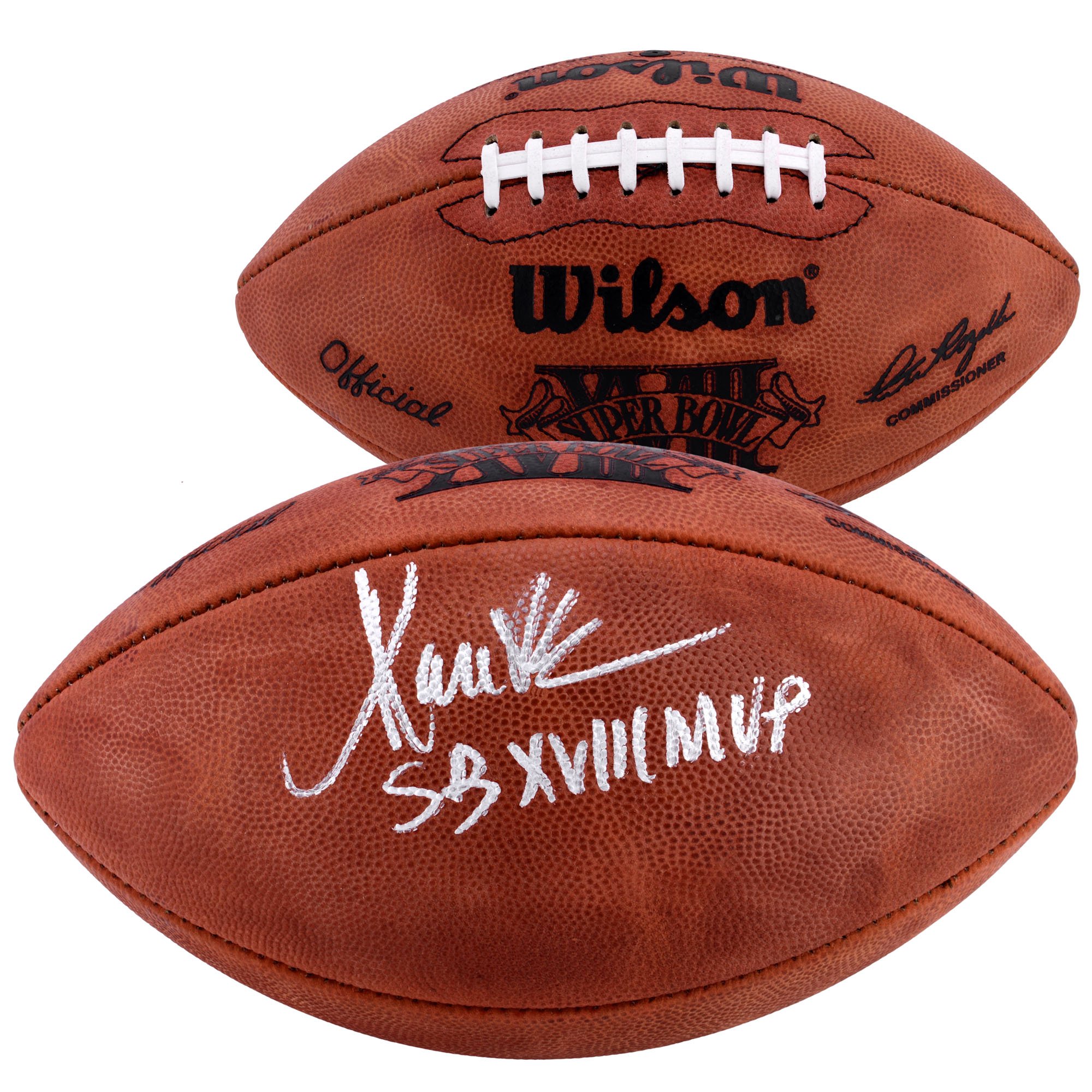 Marcus Allen Los Angeles Raiders ha autografato il pallone da calcio del Super Bowl XVIII con l'iscrizione "SB XVIII MVP".
