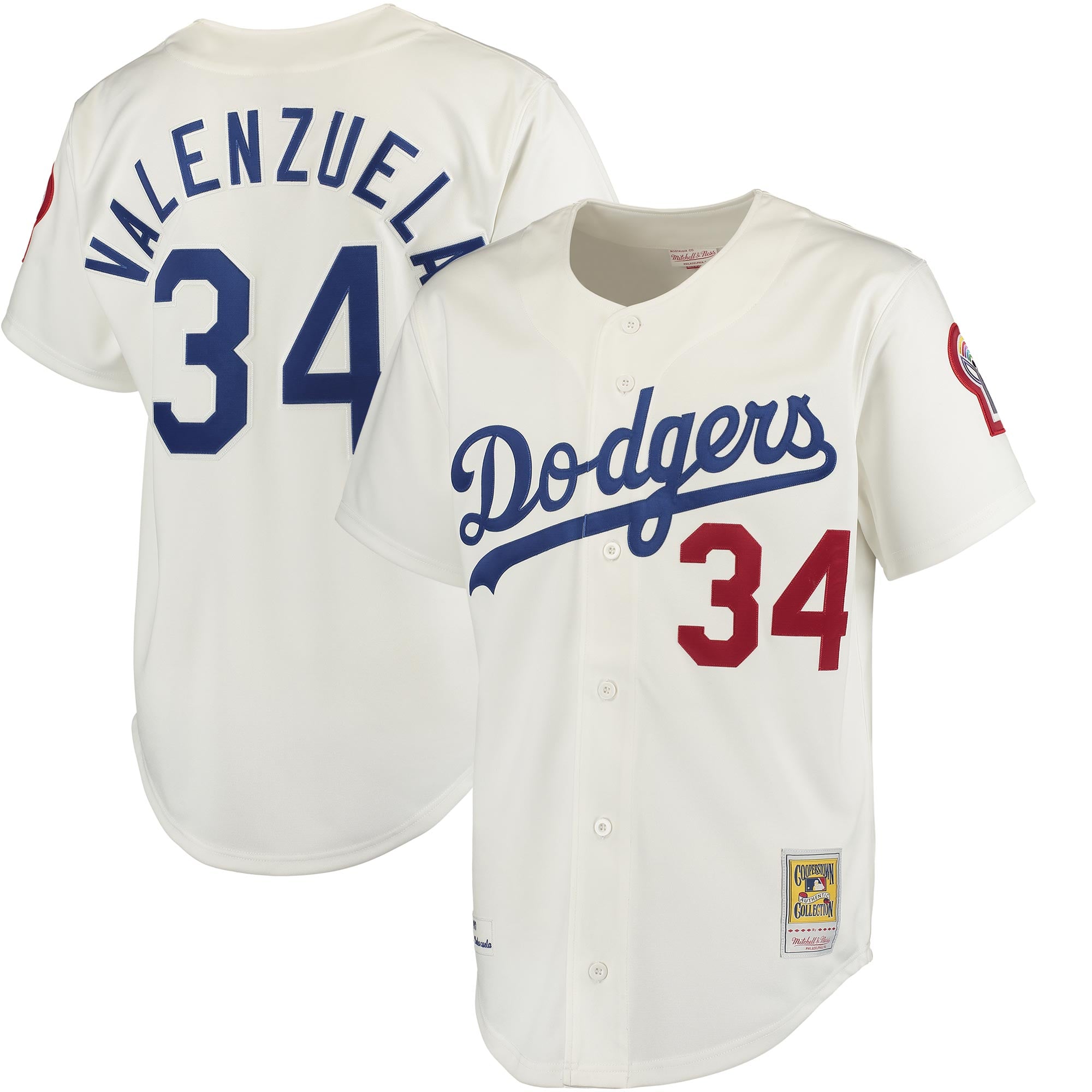 Maglia autentica da uomo Mitchell & Ness di Fernando Valenzuela, bianca, dei Los Angeles Dodgers.