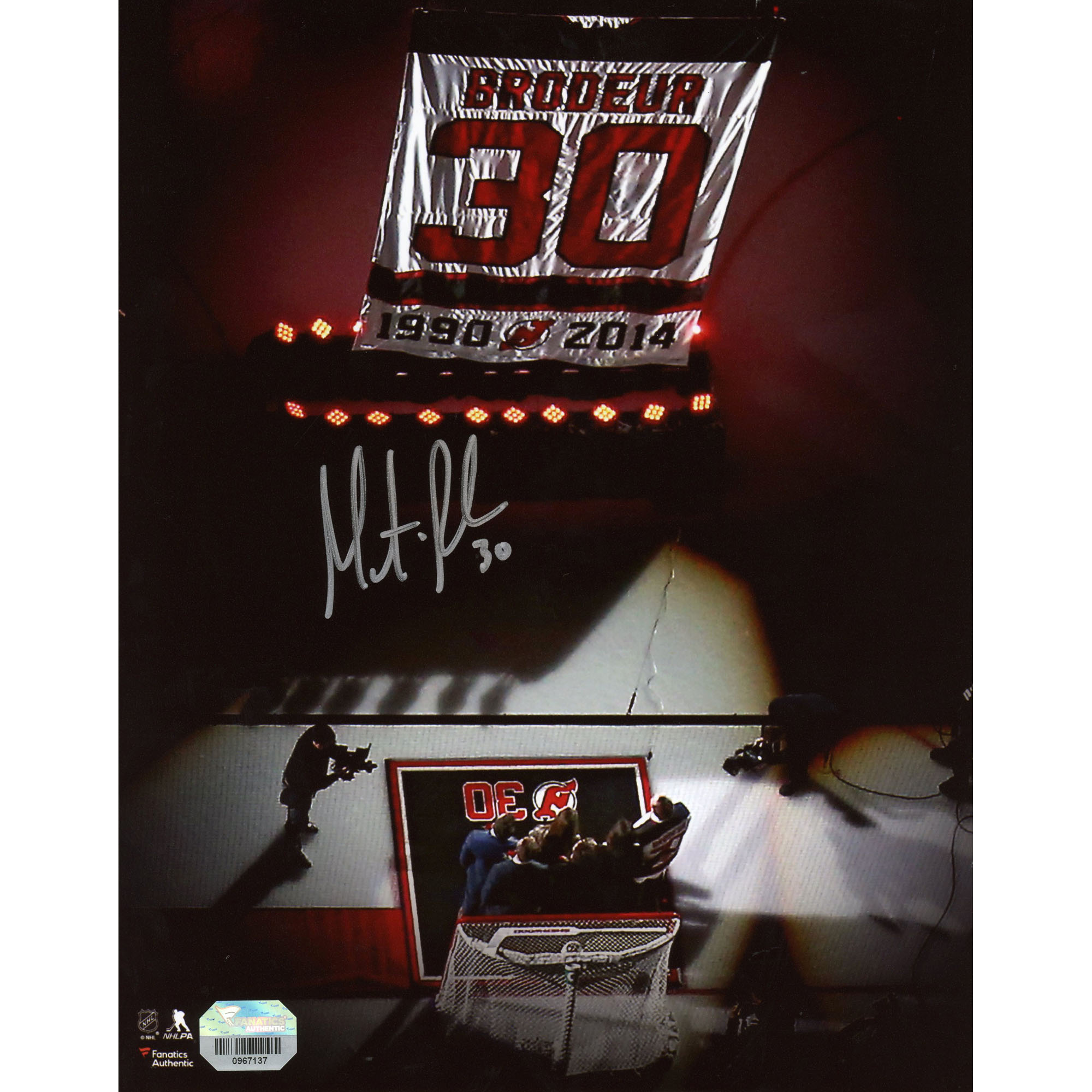 Martin Brodeur New Jersey Devils Autographed 8" x 10" Jersey Retirement Night Banner Raising Photograph