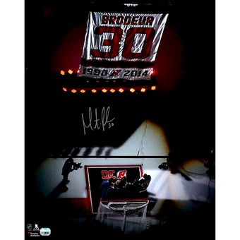 Martin Brodeur New Jersey Devils Autographed 16" x 20" Jersey Retirement Night Banner Raising Photograph