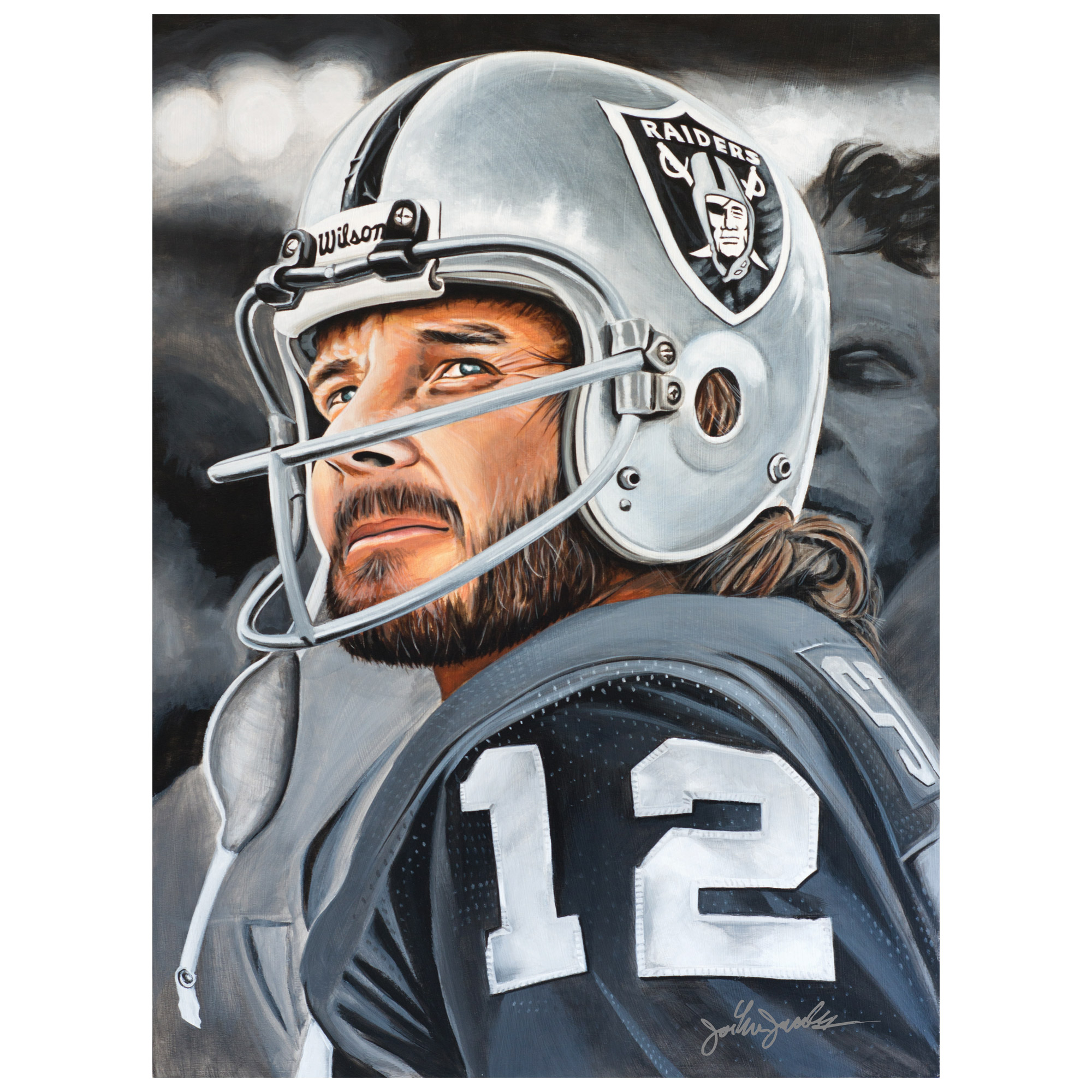 Deacon Jones Foundation - Ken Stabler Raiders Fine Art Canvas Print 18" x 24" by Artist Joshua Jacobs - Multicolor