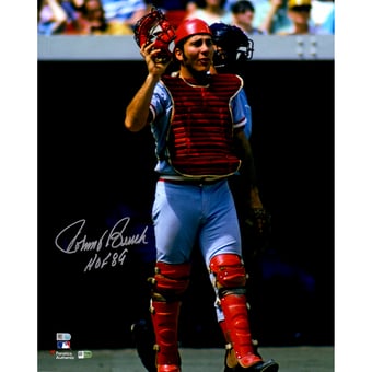 Johnny Bench Cincinnati Reds Autographed 16" x 20" In Catchers Gear Photograph with "HOF 89" Inscription