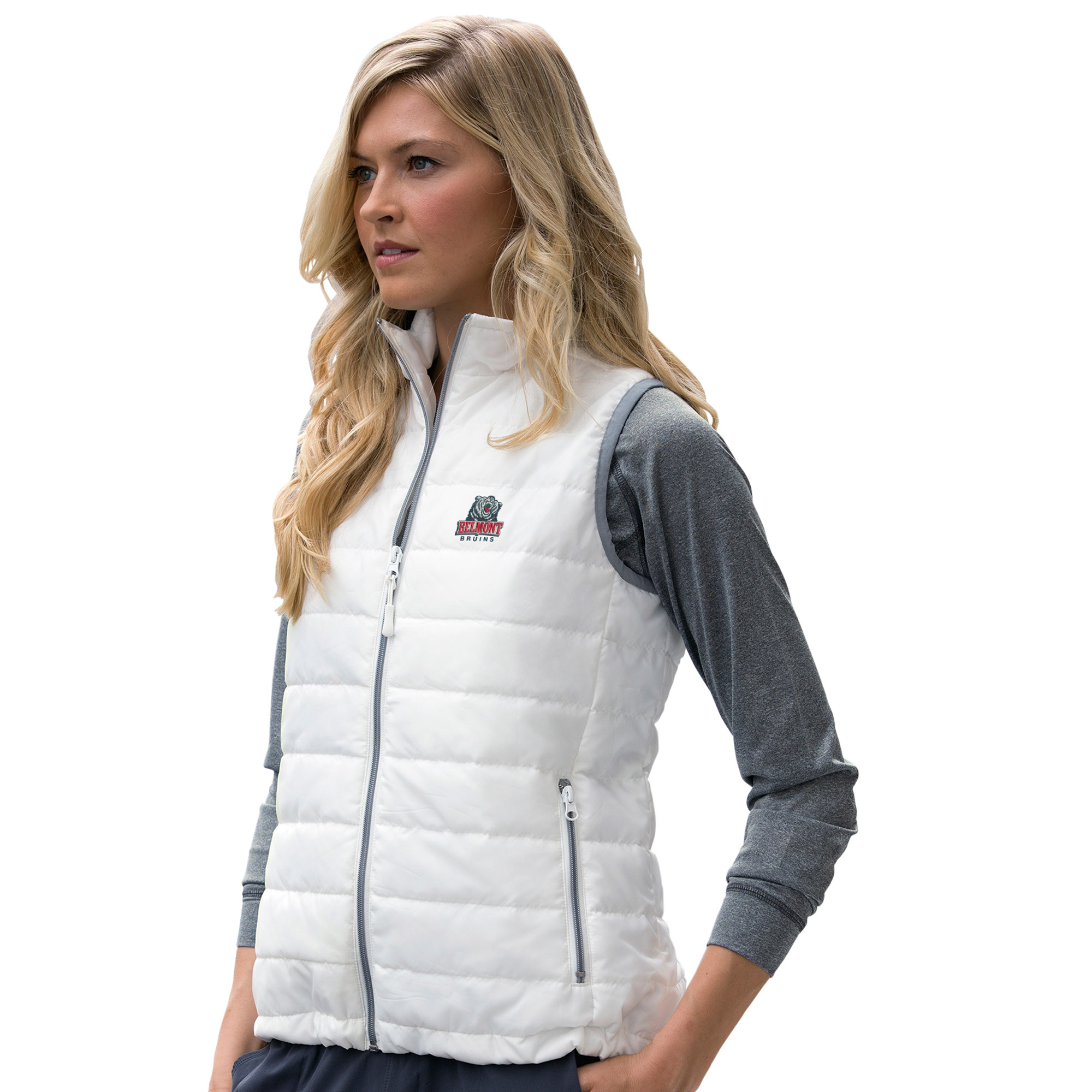 Women’s White Belmont Bruins Apex Compressible Quilted Vest Women’s White Belmont Bruins Apex Compressible Quilted Vest