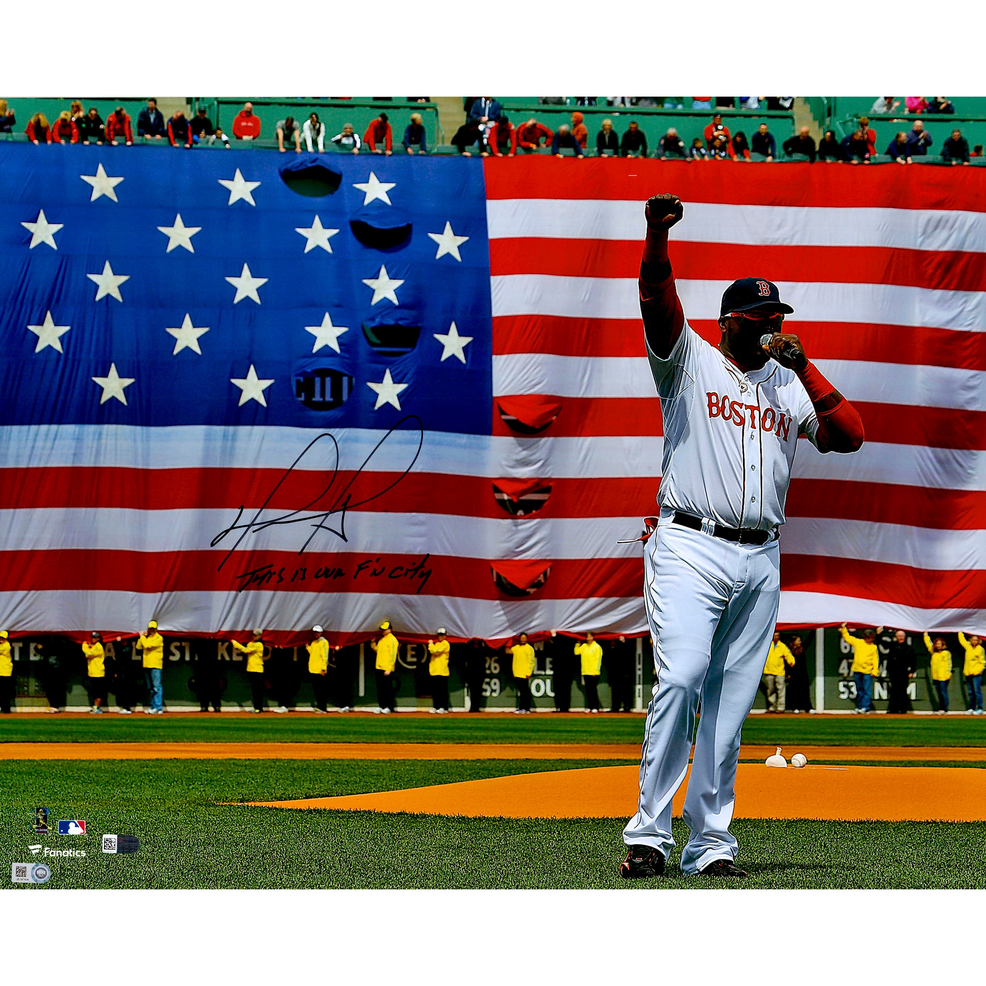 David Ortiz Boston Red Sox Autographed 16" x 20" Boston Strong Speech Photograph with "This Is Our F'N City" Inscription