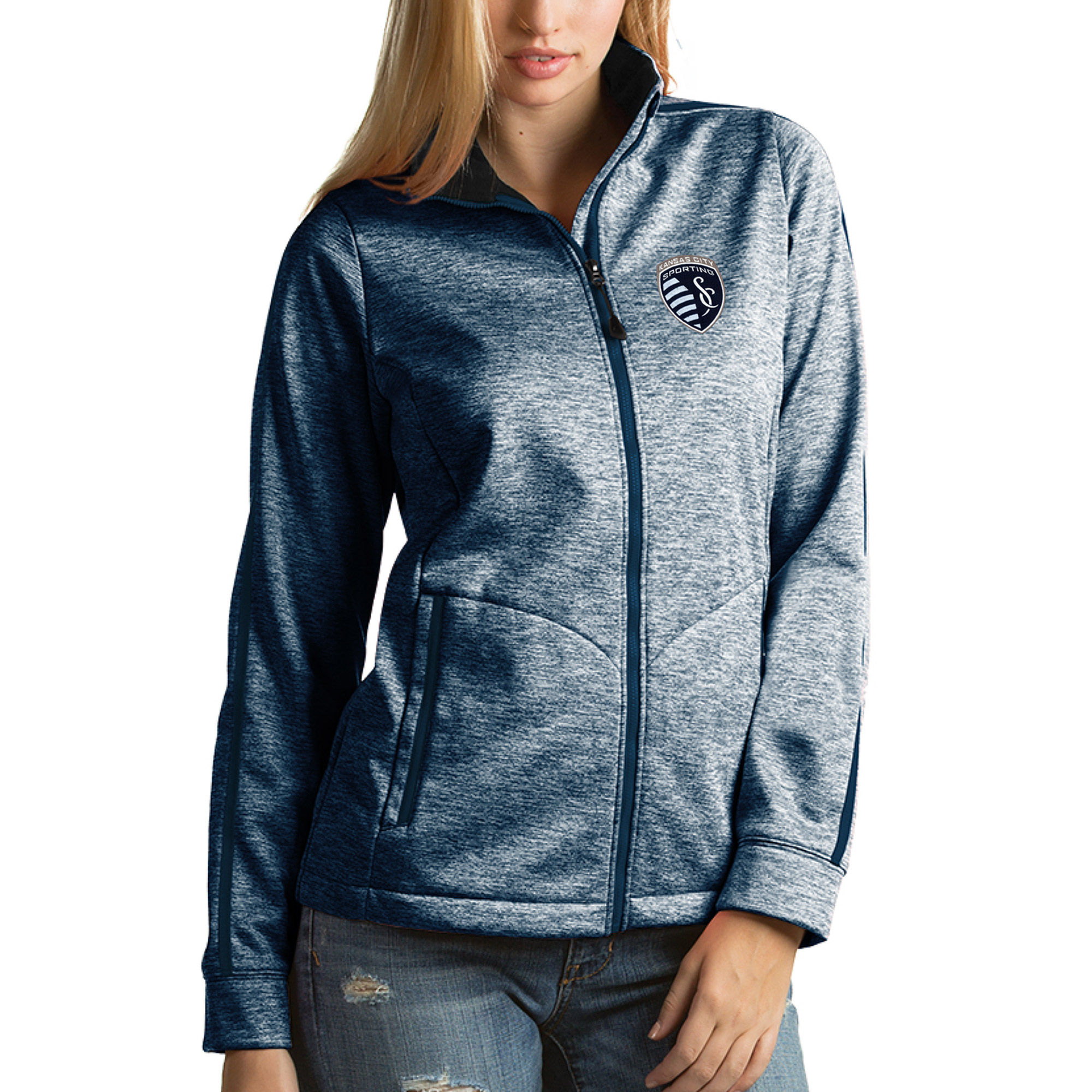 Women’s Antigua Heathered Navy Sporting Kansas City Golf Full Zip Jacket Women’s Antigua Heathered Navy Sporting Kansas City Golf Full Zip Jacket