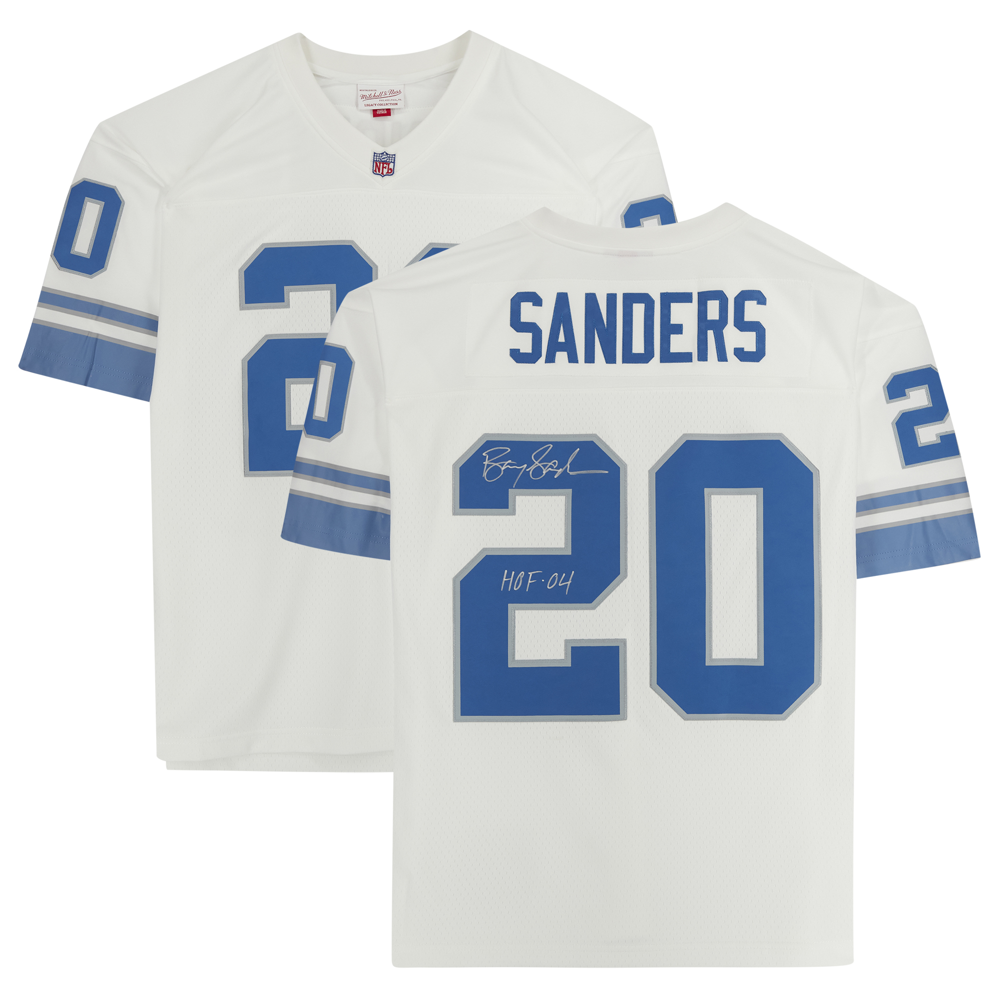 Barry Sanders Detroit Lions Autographed White Mitchell & Ness Replica Jersey with "HOF 04" Inscription