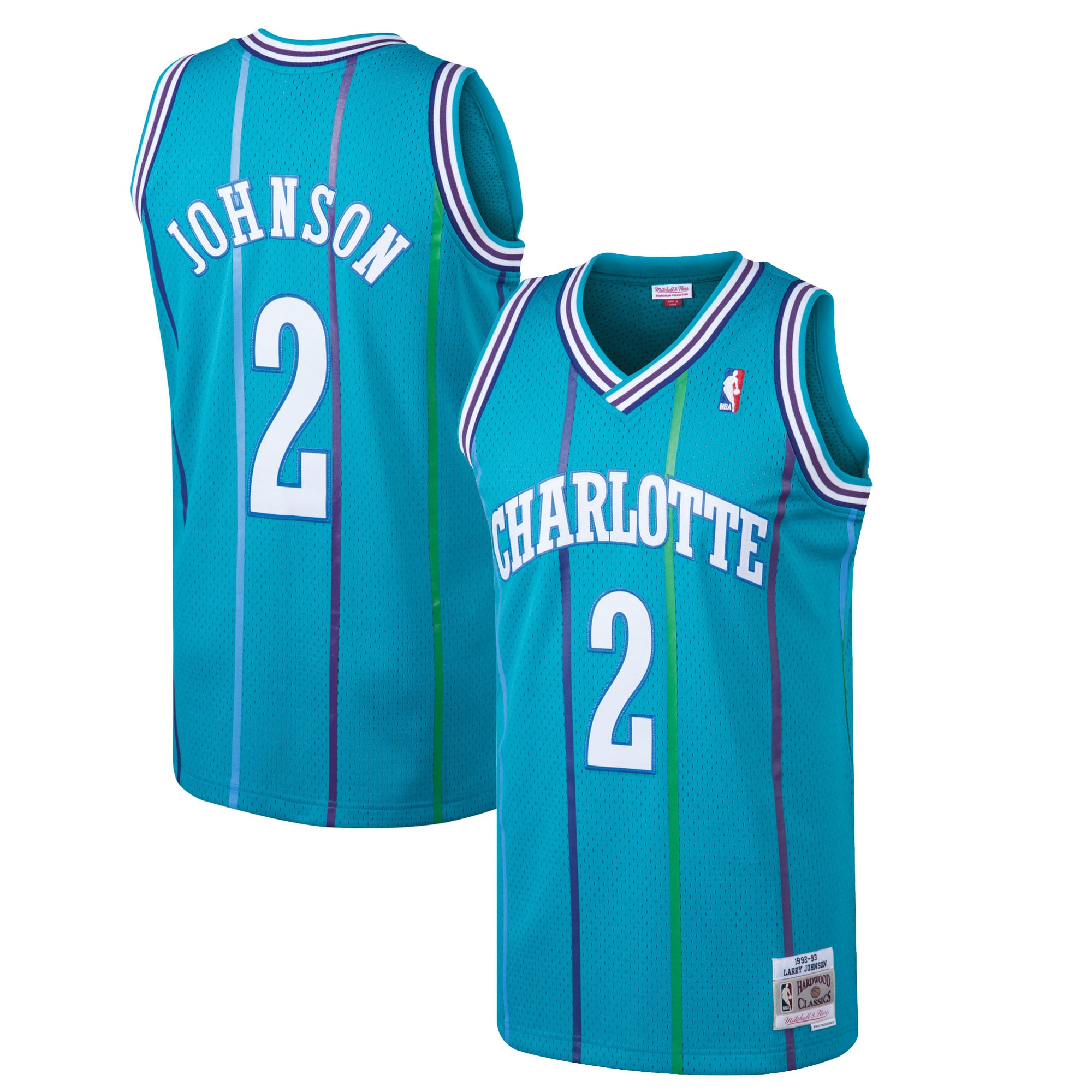 Mitchell & Ness Larry Johnson Herren-Swingman-Trikot in Türkis, Charlotte Hornets 1992/93, Hardwood Classics.