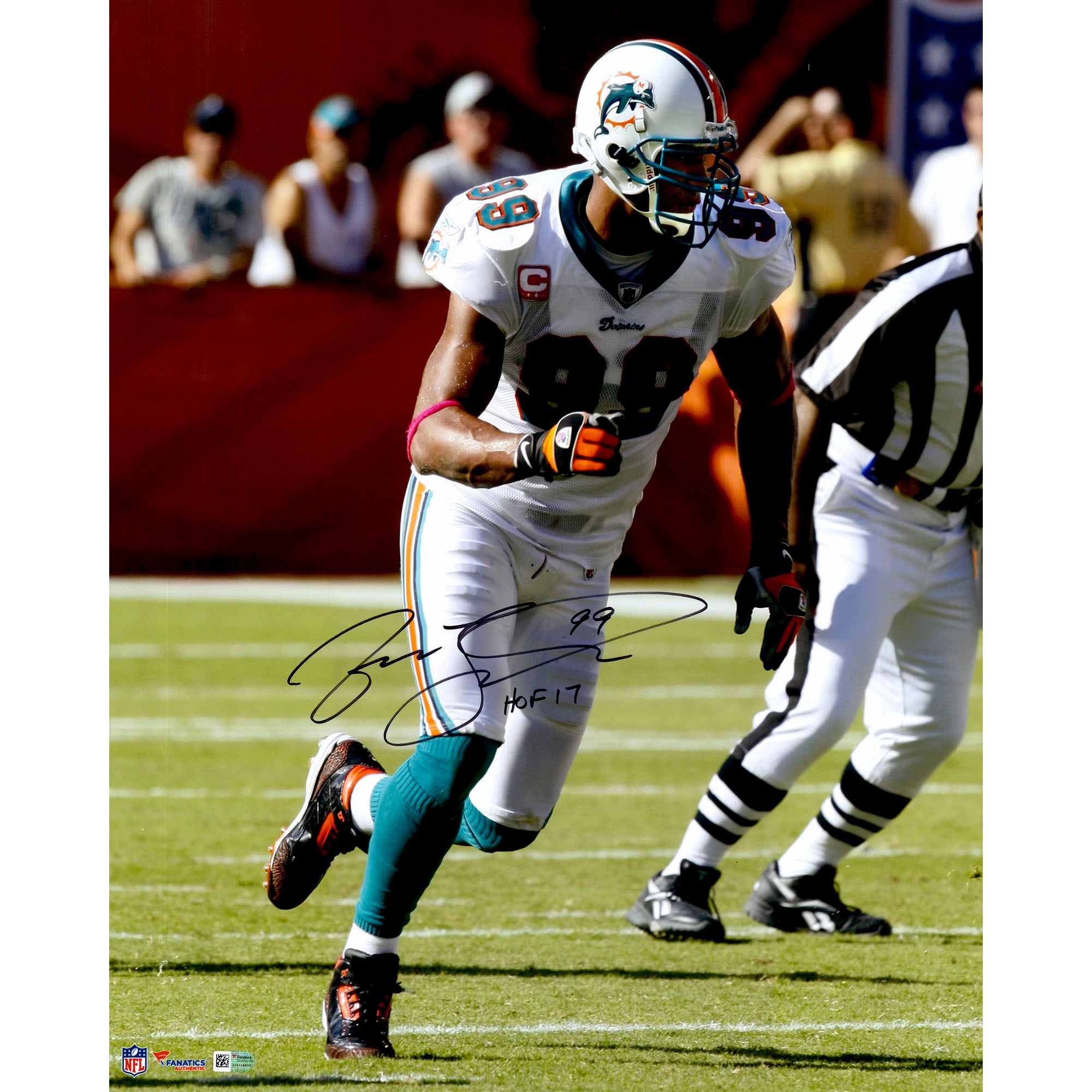 Jason Taylor Miami Dolphins Autographed 16" x 20" Run Photograph with "HOF 17" Inscription