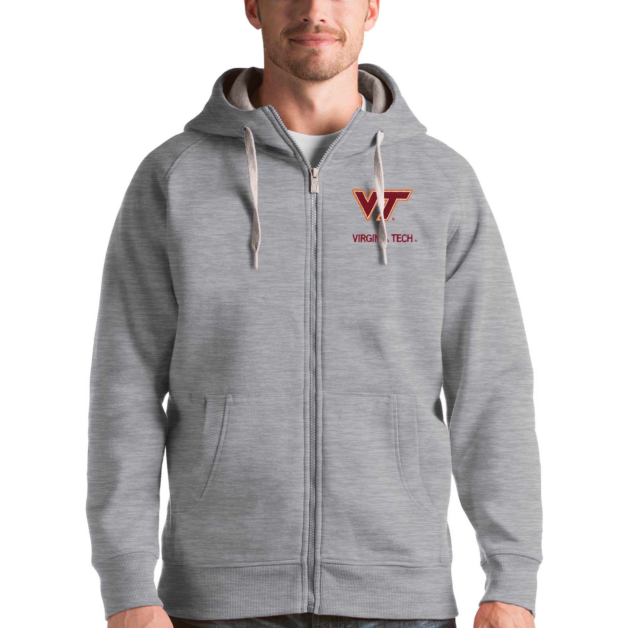 Men's Antigua Gray Virginia Tech Hokies Victory Full-Zip Hoodie