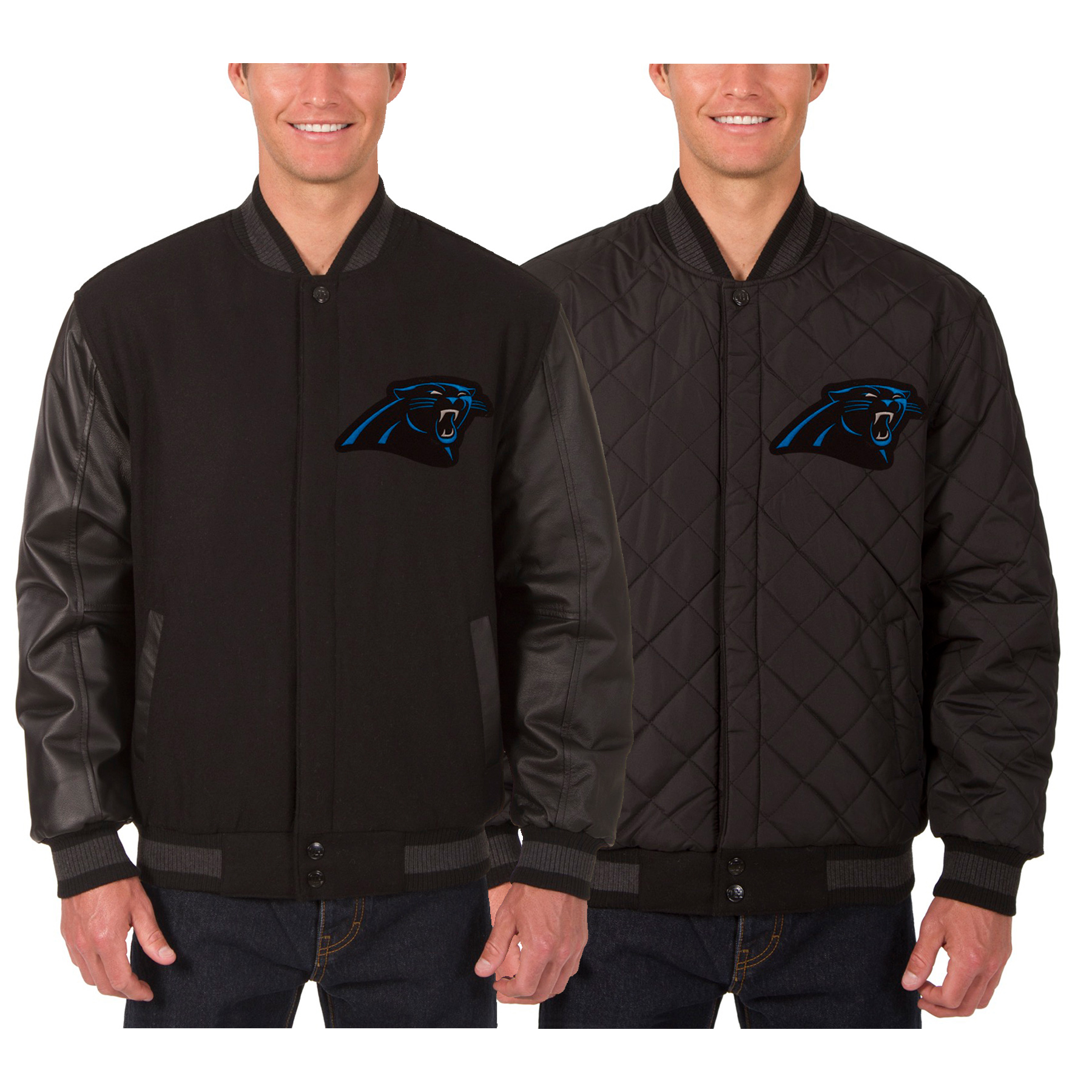 Men's JH Design Black Carolina Panthers Wool & Leather Reversible Jacket with Embroidered Logos