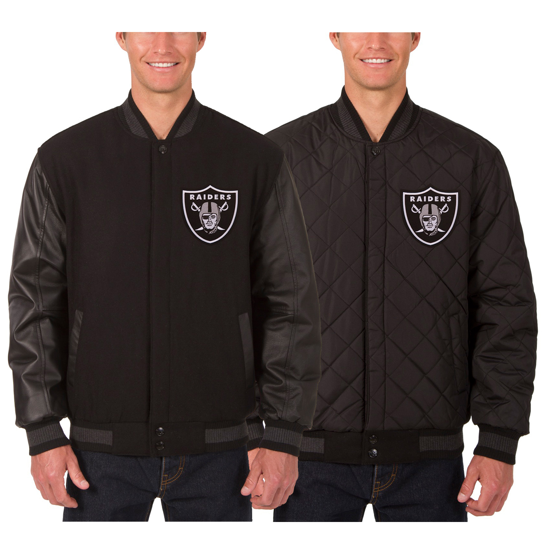 Men's JH Design Black Las Vegas Raiders Wool & Leather Reversible Jacket with Embroidered Logos