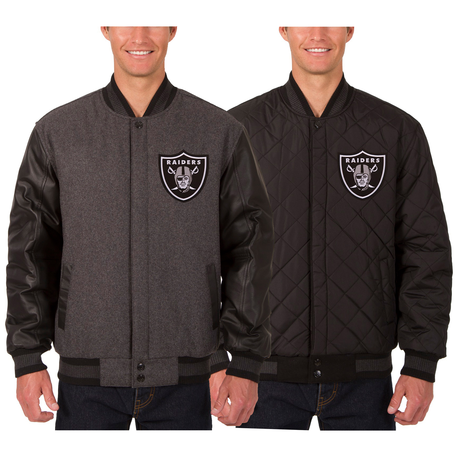 Men's JH Design Charcoal Las Vegas Raiders Wool & Leather Reversible Jacket with Embroidered Logos