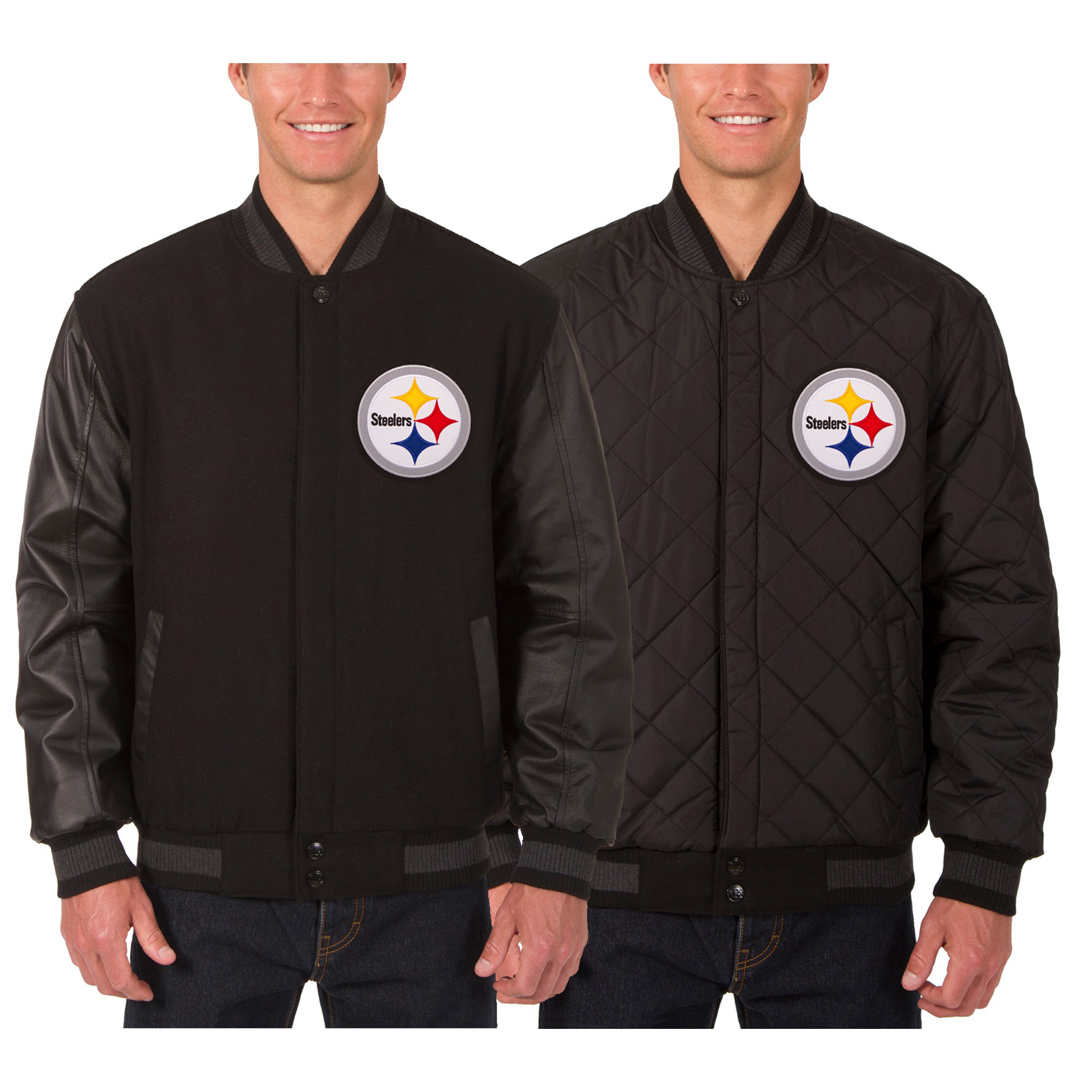 Men's JH Design Black Pittsburgh Steelers Wool & Leather Reversible Jacket with Embroidered Logos