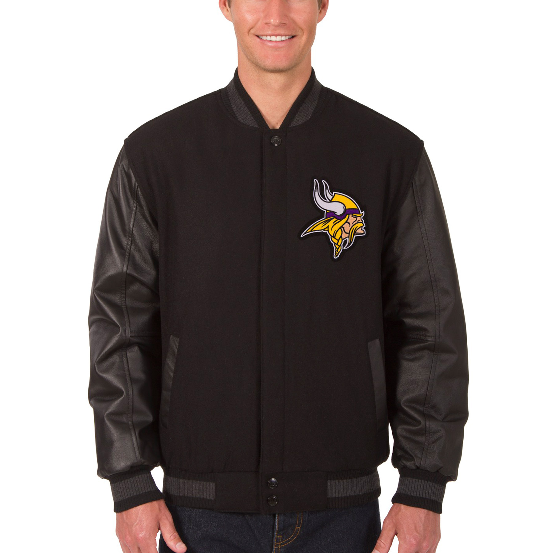 Men's JH Design Black Minnesota Vikings Wool & Leather Reversible Jacket with Embroidered Logos