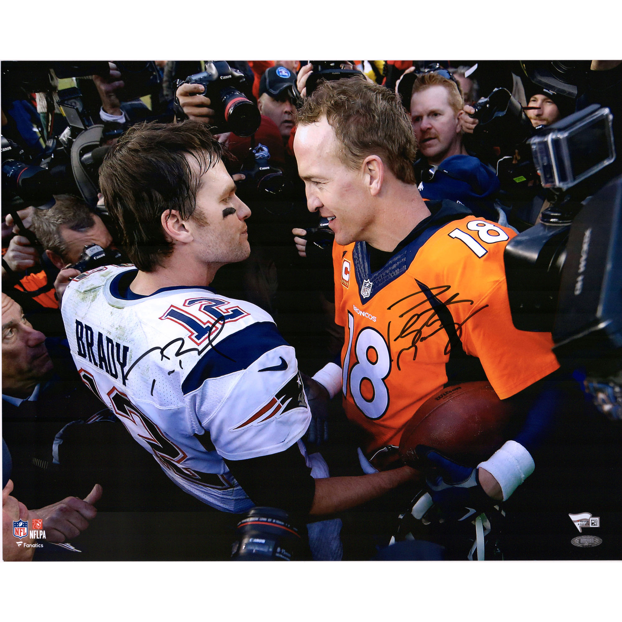 Peyton Manning & Tom Brady Denver Broncos New England Patriots Dual Signed 16” x 20” Handshake Photograph Peyton Manning & Tom Brady Denver Broncos New England Patriots Dual Signed 16” x 20” Handshake Photograph