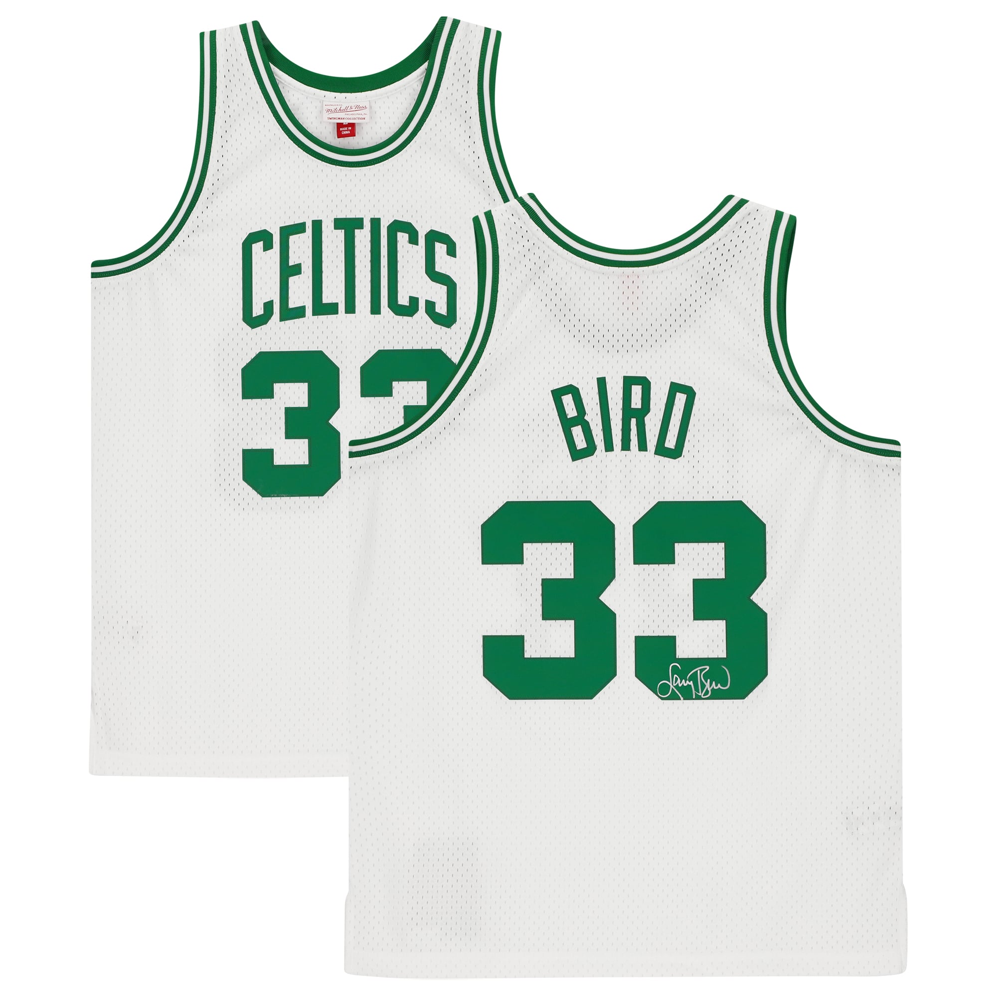 Larry Bird Boston Celtics signiertes weißes Mitchell & Ness Swingman-Trikot