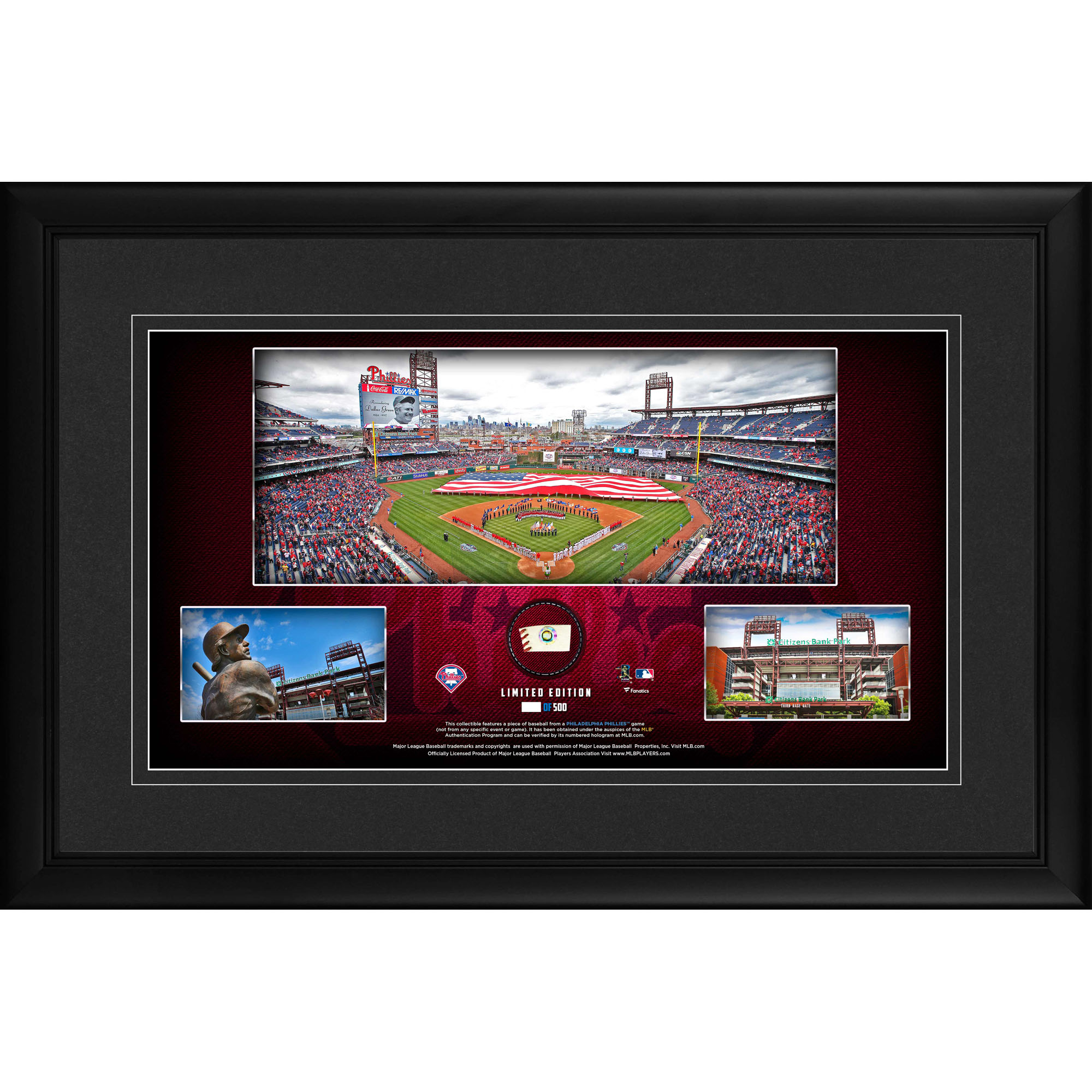 Philadelphia Phillies Framed 10″ x 18″ Stadium Panoramic Collage with a Piece of Game-Used Baseball – Limited Edition of 500 Philadelphia Phillies Framed 10″ x 18″ Stadium Panoramic Collage with a Piece of Game-Used Baseball – Limited Edition of 500
