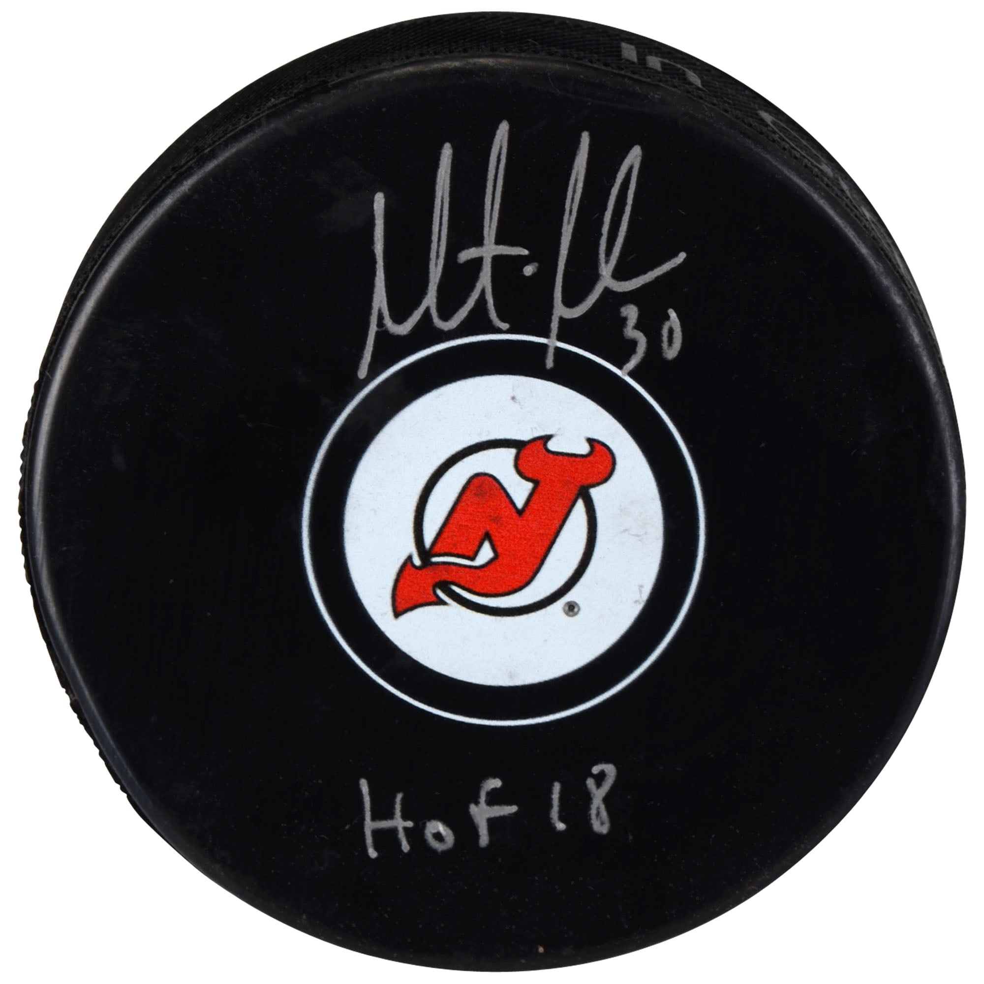 Martin Brodeur New Jersey Devils Autographed Hockey Puck with "HOF 18" Inscription