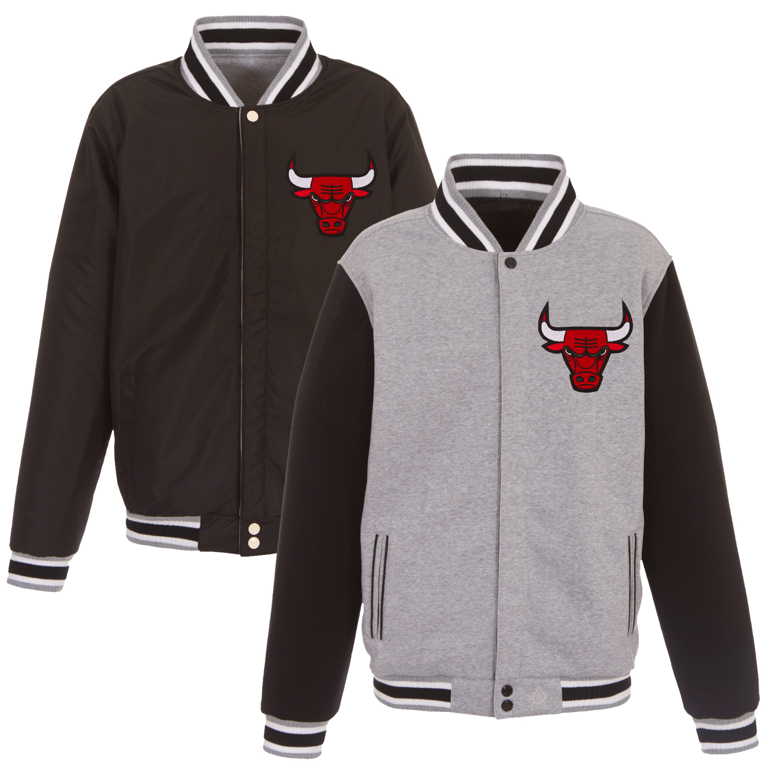 Men's JH Design Gray/Black Chicago Bulls Embroidered Logo Reversible Fleece Full-Snap Jacket