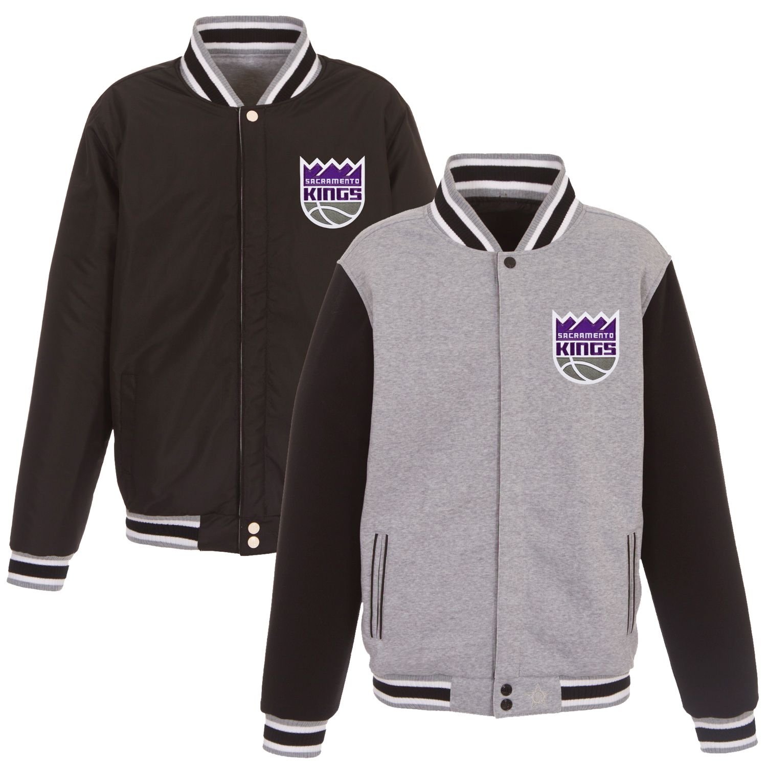 Men's JH Design Gray/Black Sacramento Kings Embroidered Logo Reversible Fleece Full-Snap Jacket
