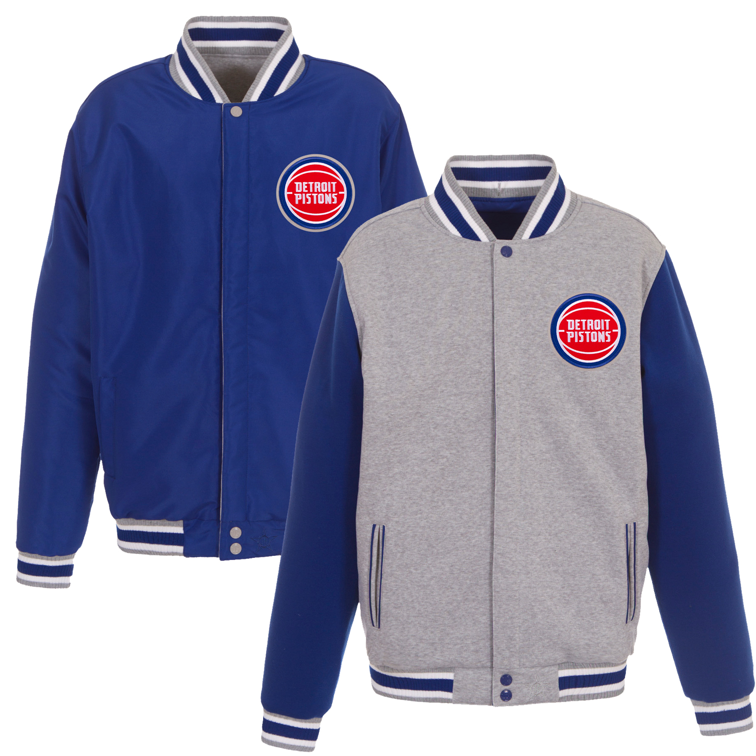 Men's JH Design Gray/Royal Detroit Pistons Embroidered Logo Reversible Fleece Full-Snap Jacket