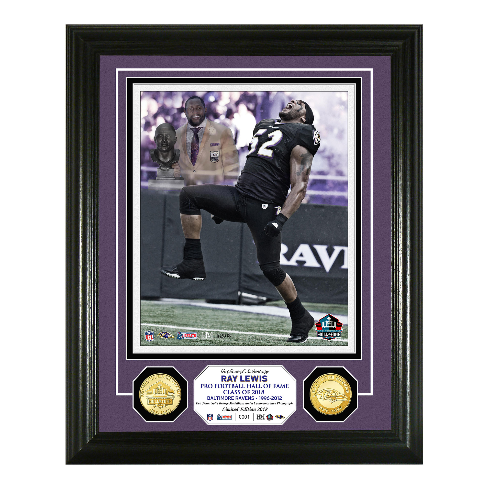 Highland Mint Ray Lewis Baltimore Ravens 2018 Pro Football Hall of Fame Induction Day 13" x 16" Bronze Coin Photo Mint