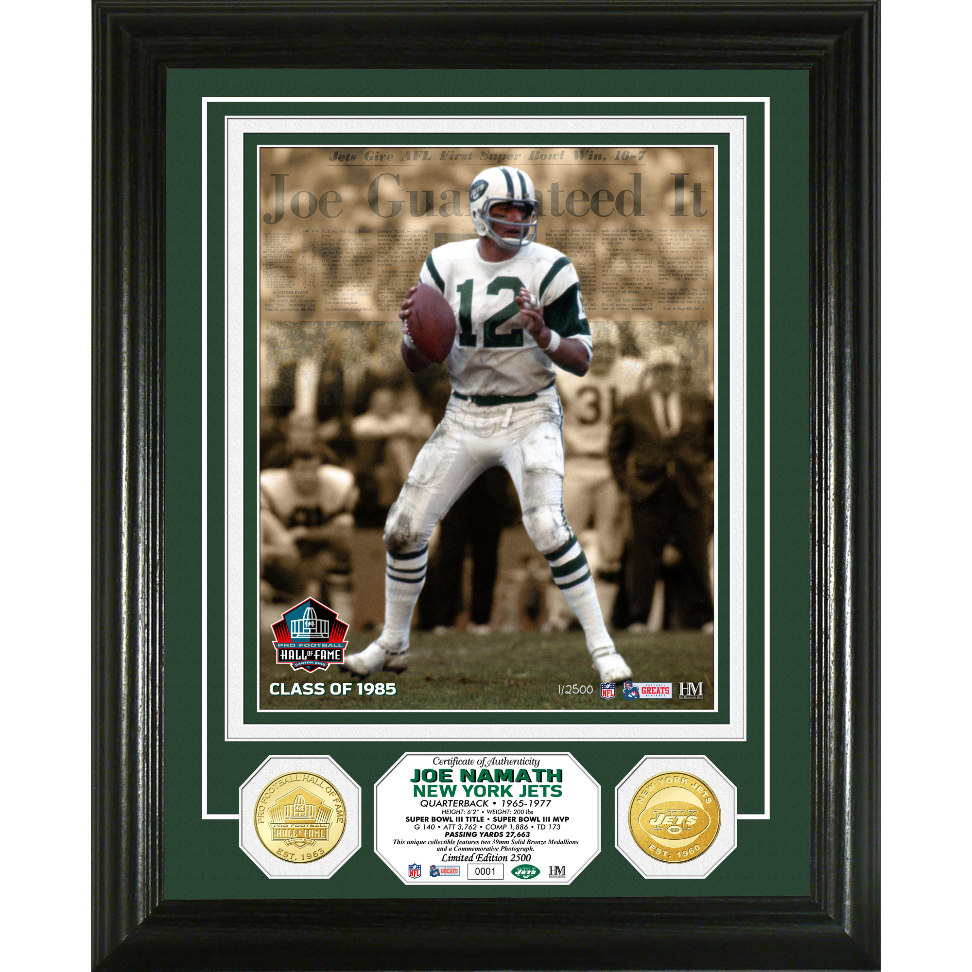 Highland Mint Joe Namath New York Jets Hall of Fame Induction Photomint