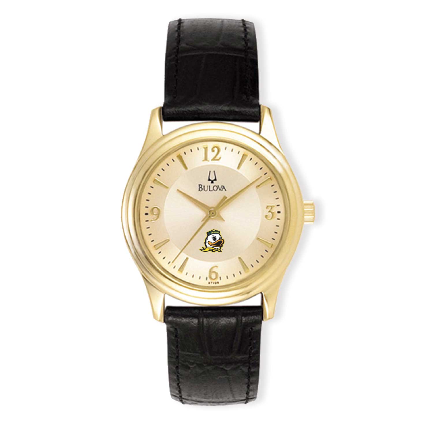 Women's Bulova Gold/Black Oregon Ducks Stainless Steel Watch with Leather Band