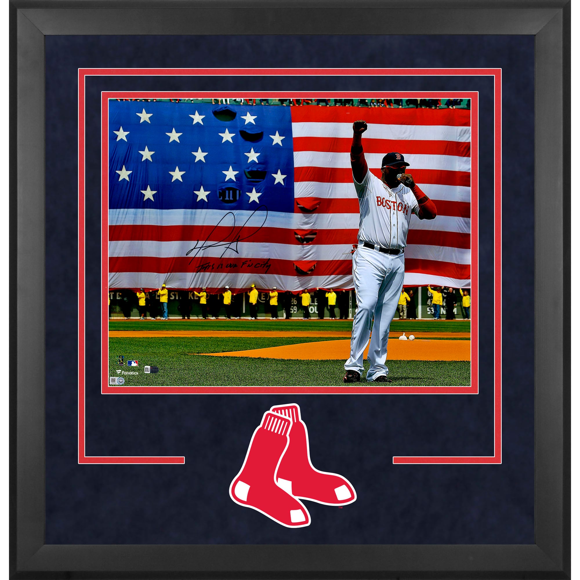 David Ortiz Boston Red Sox Deluxe Framed Autographed 16" x 20" Boston Strong Speech Photograph with "This Is Our F'N City" Inscription