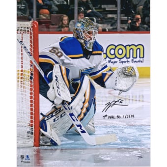 Jordan Binnington St. Louis Blues Autographed 16" x 20" Photograph with "1st NHL SO 1/7/19" Inscription