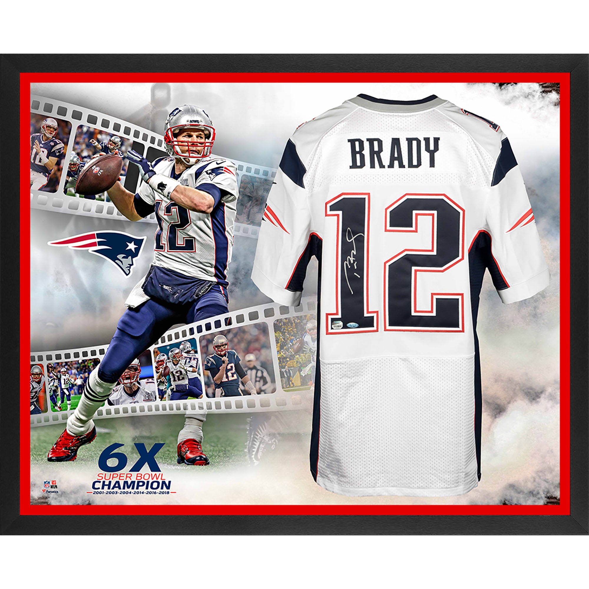 Tom Brady New England Patriots Framed Autographed Super Bowl LIII Champions Nike White Elite Jersey 6-Time Champion Collage