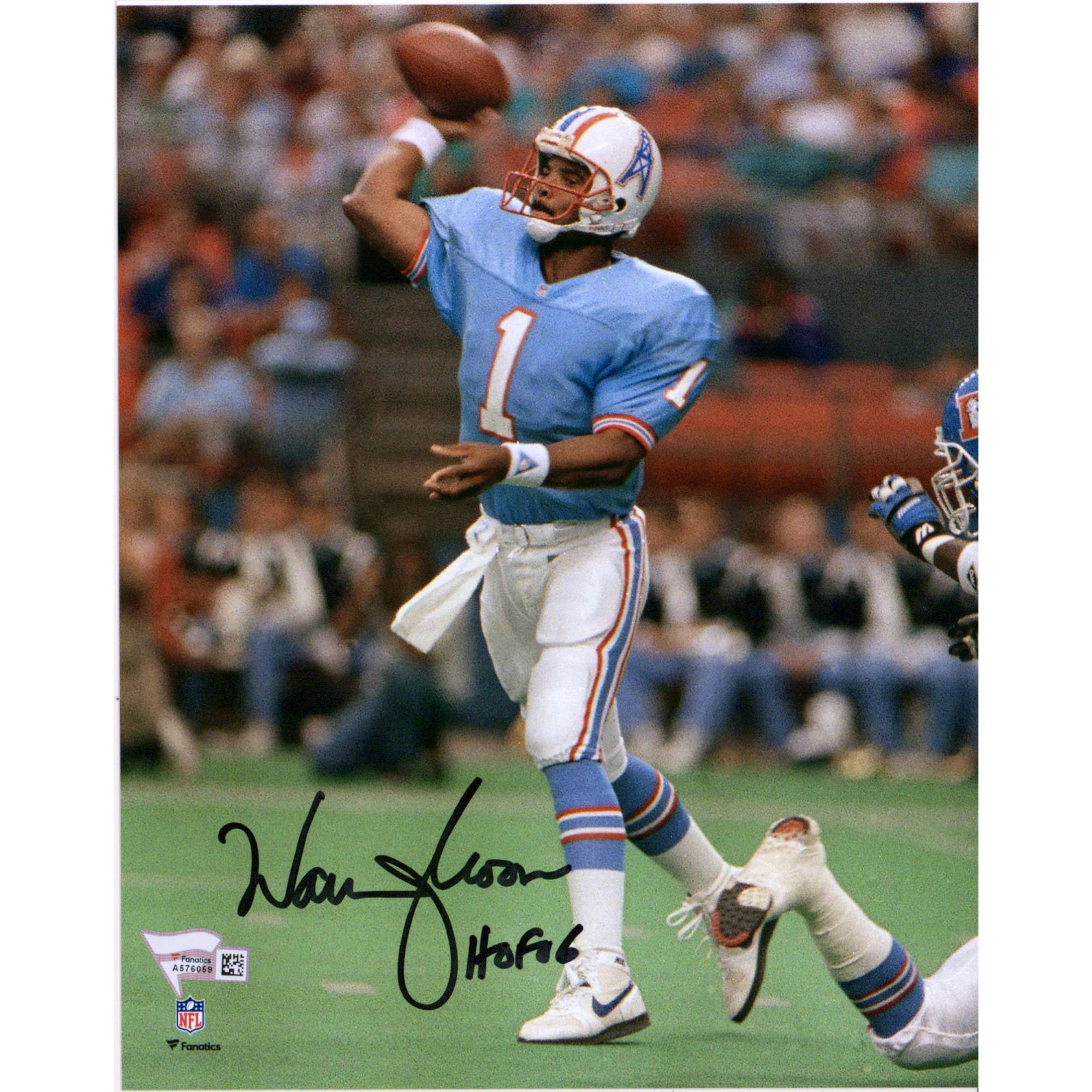 Warren Moon Houston Oilers fotografia di lancio della maglia azzurra autografata da 8" x 10" con iscrizione "HOF 06"