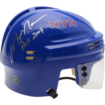 "Mark Messier New York Rangers Autographed Blue Mini Helmet with ""HOF 2007"" Inscription"