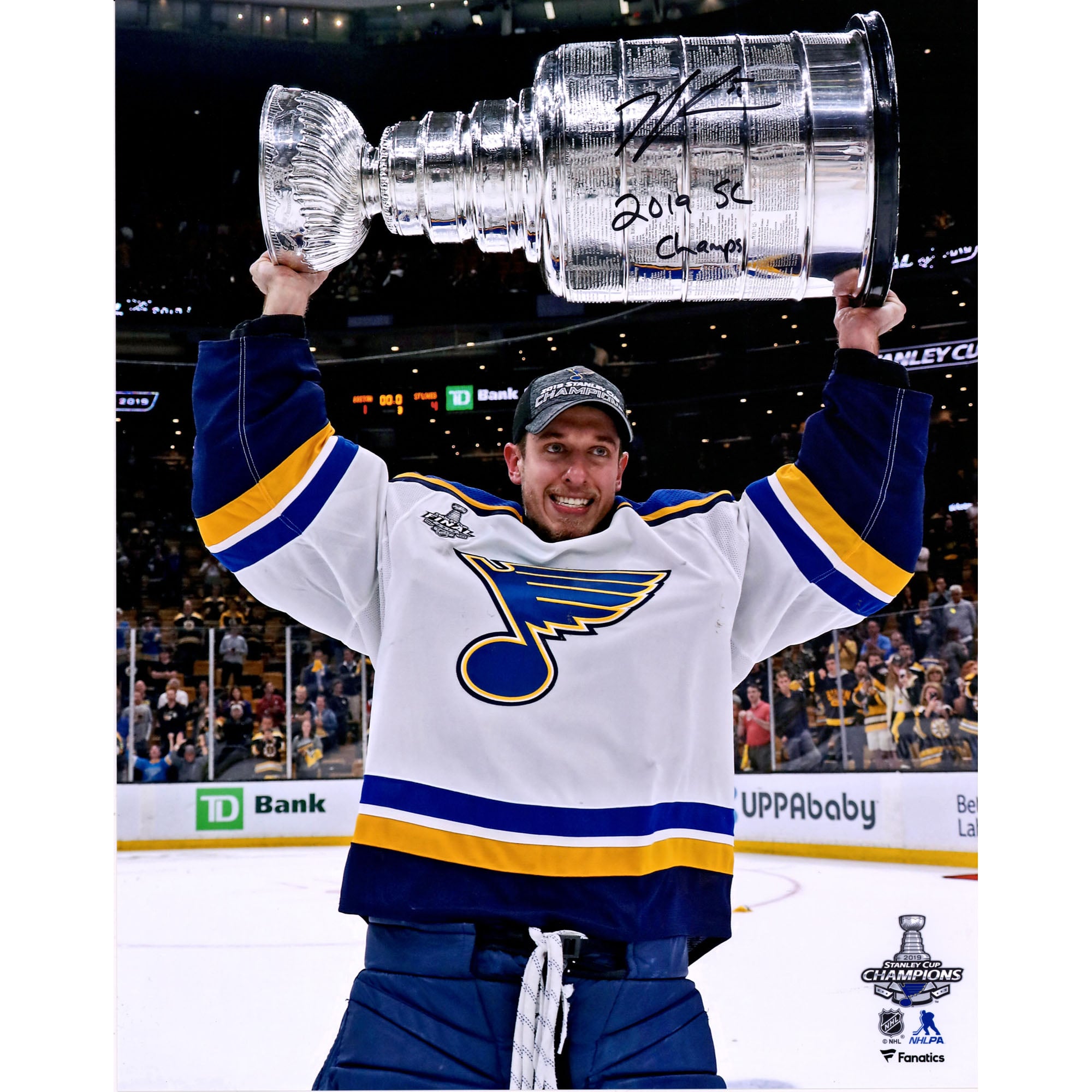 Jordan Binnington St. Louis Blues 2019 Stanley Cup Champions Autographed 16" x 20" Raising Cup Photograph with "2019 SC Champs" Inscription