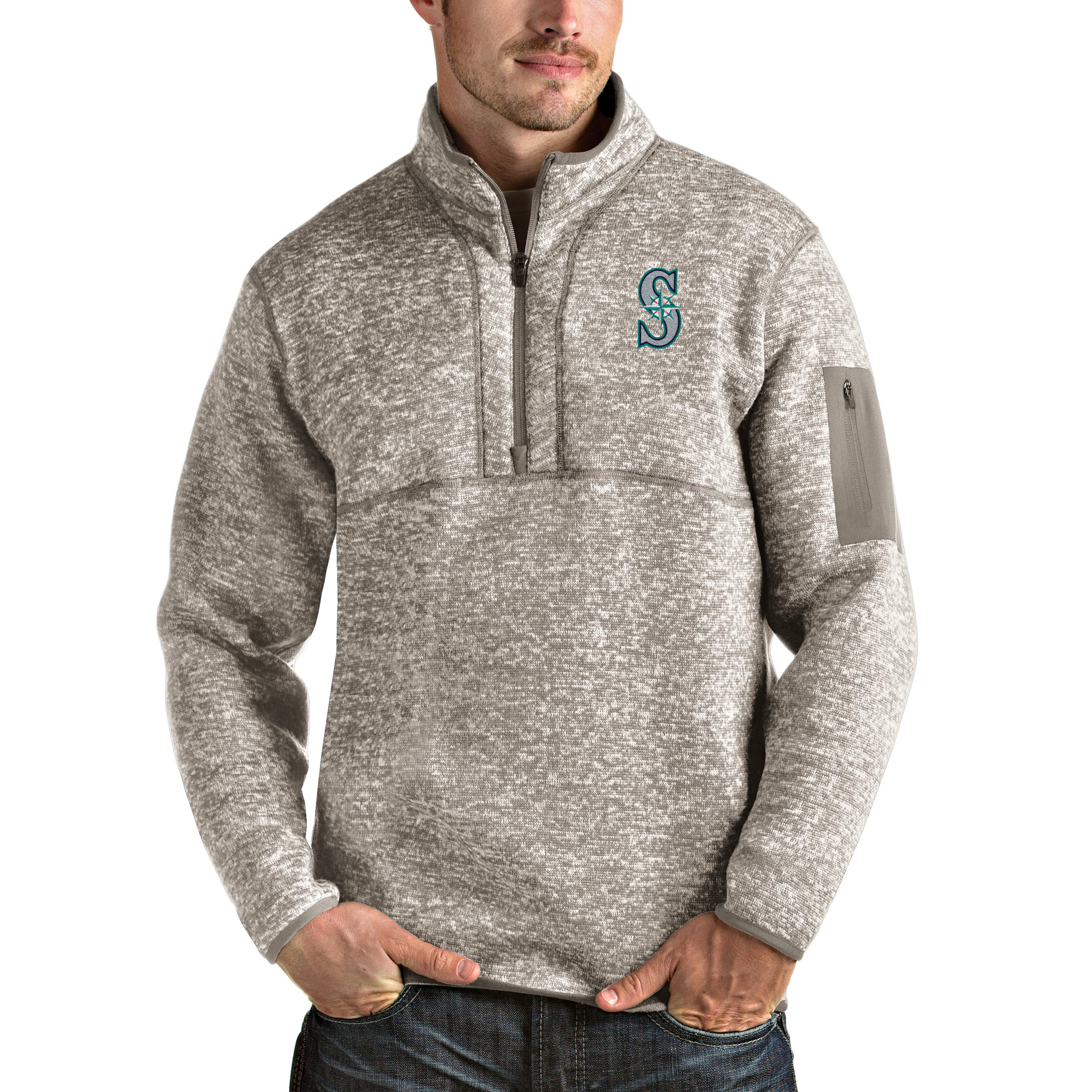 Men's Antigua Oatmeal Seattle Mariners Fortune Quarter-Zip Pullover Jacket