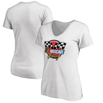 Women's White NASCAR 90s Racing Badge V-Neck T-Shirt
