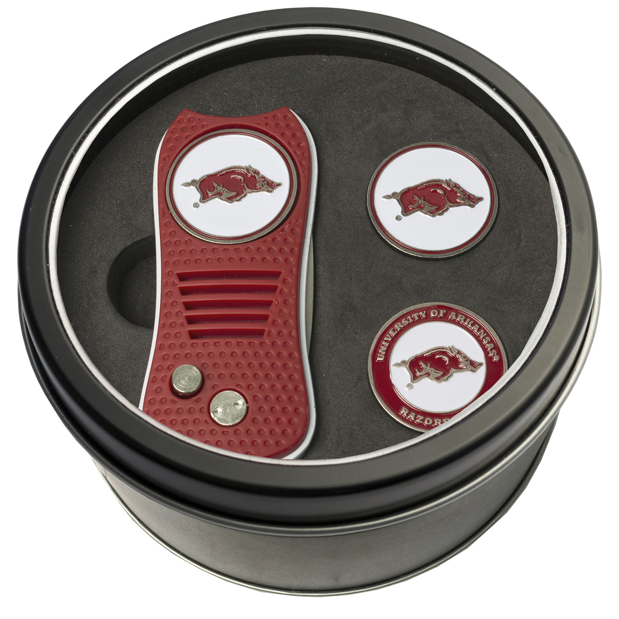 Arkansas Razorbacks Divot Tool & Ball Markers Personalized Tin Gift Set Arkansas Razorbacks Divot Tool & Ball Markers Personalized Tin Gift Set