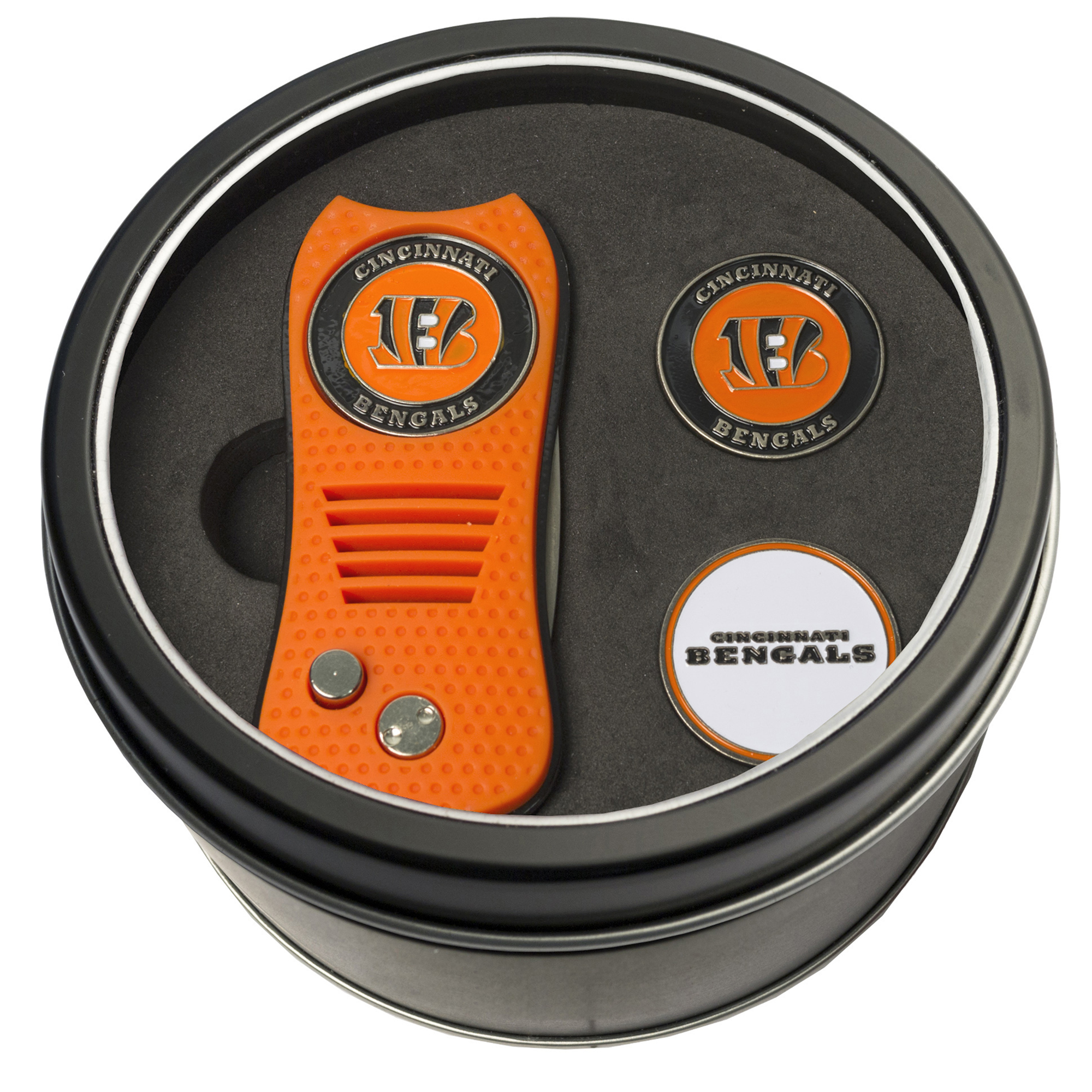 Cincinnati Bengals Divot Tool & Ball Markers Personalized Tin Gift Set Cincinnati Bengals Divot Tool & Ball Markers Personalized Tin Gift Set