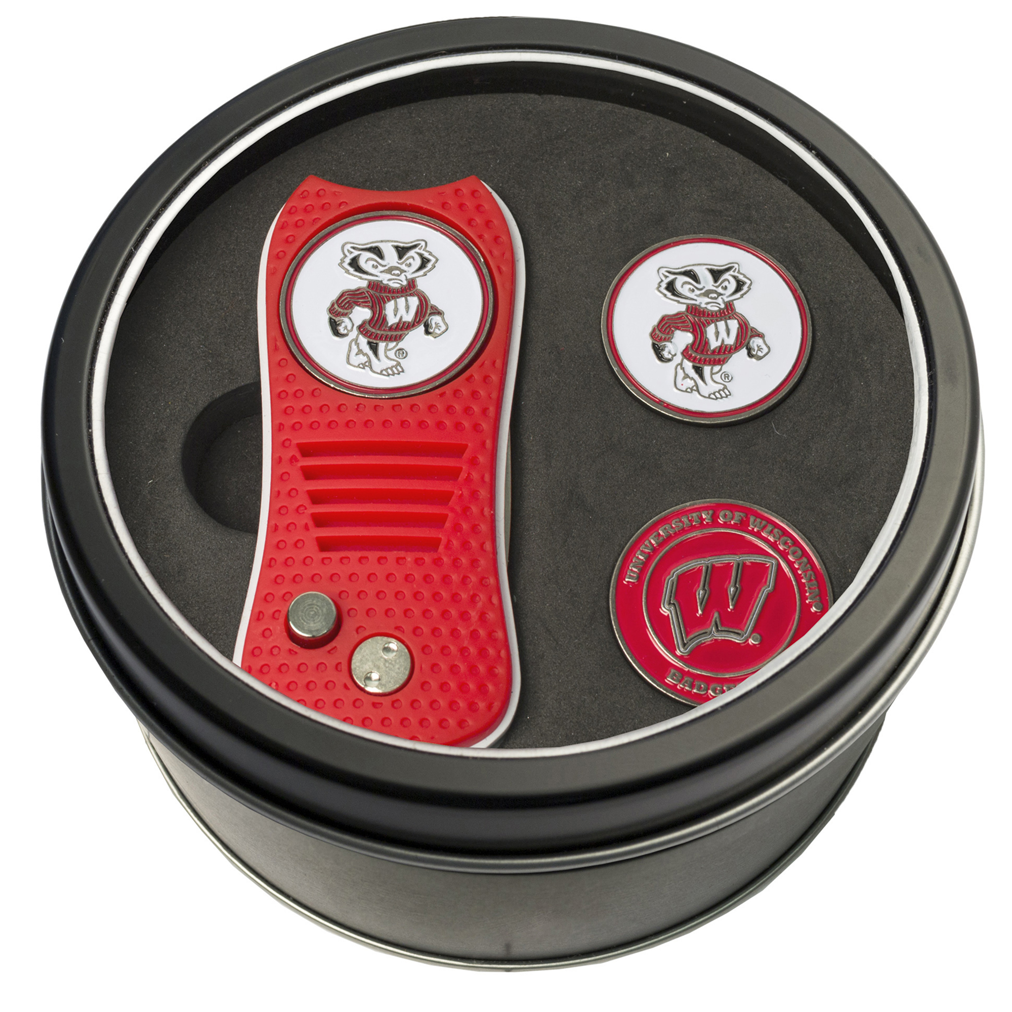 Wisconsin Badgers Divot Tool & Ball Markers Personalized Tin Gift Set Wisconsin Badgers Divot Tool & Ball Markers Personalized Tin Gift Set