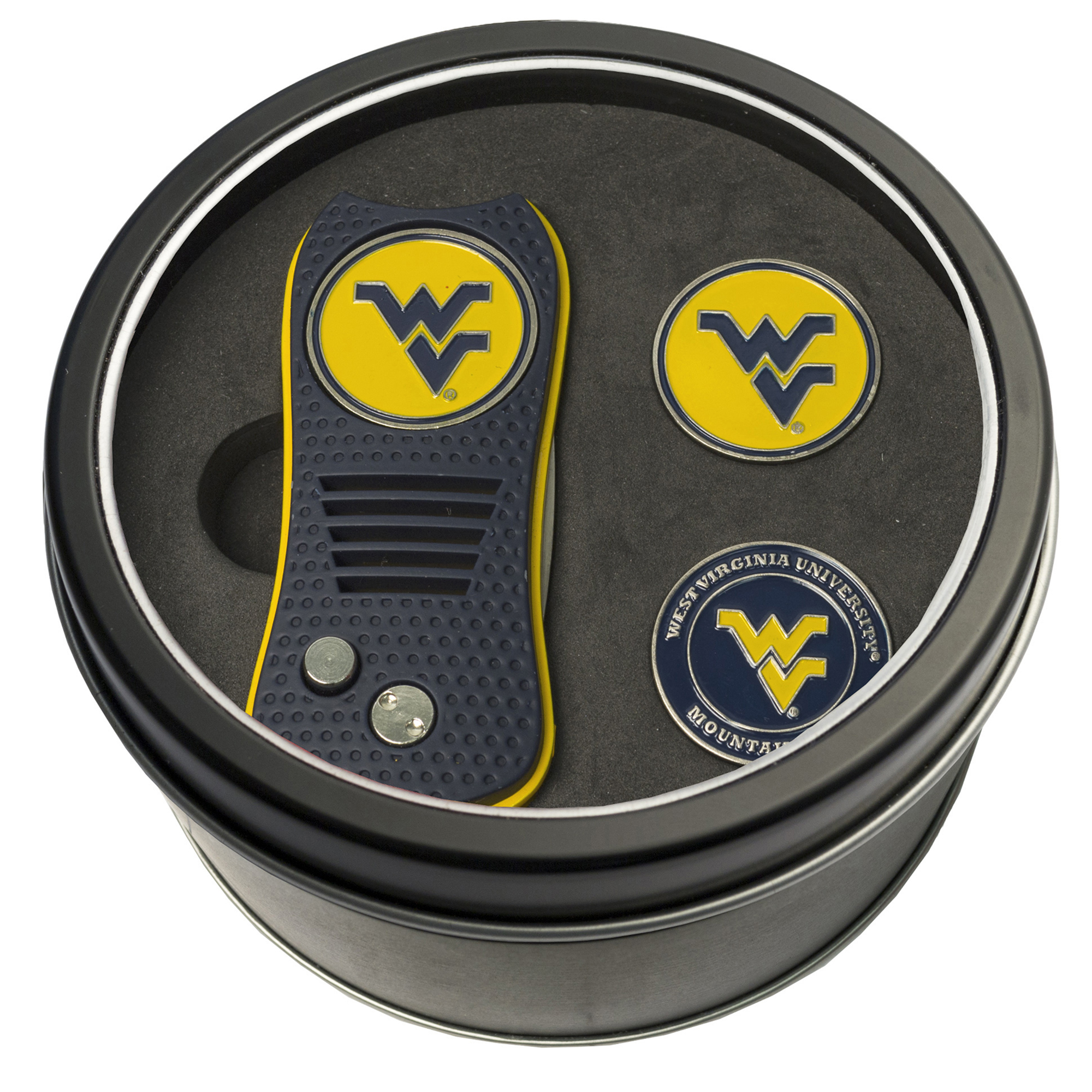 West Virginia Mountaineers Divot Tool & Ball Markers Personalized Tin Gift Set