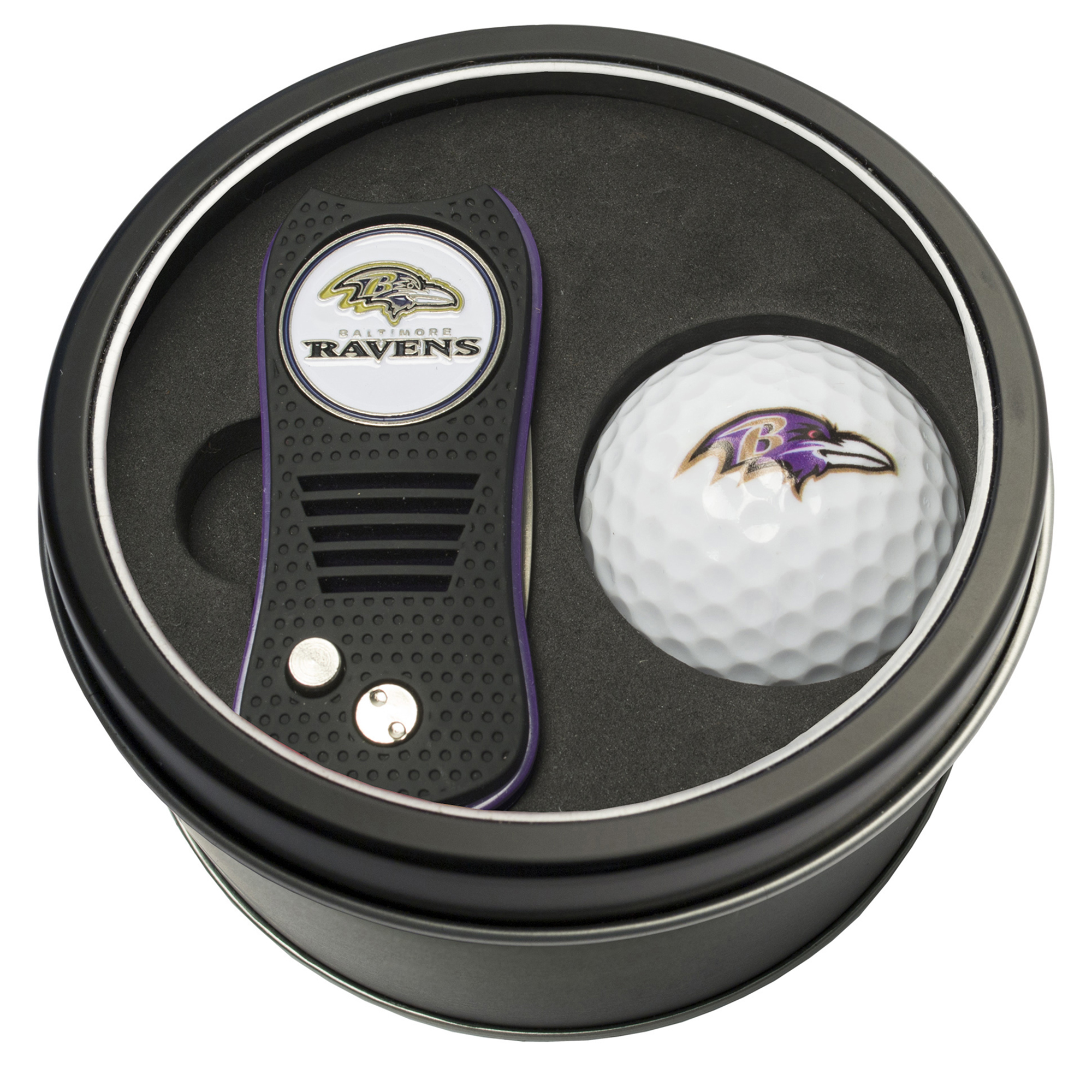 Baltimore Ravens Divot Tool & Golf Ball Personalized Tin Gift Set Baltimore Ravens Divot Tool & Golf Ball Personalized Tin Gift Set
