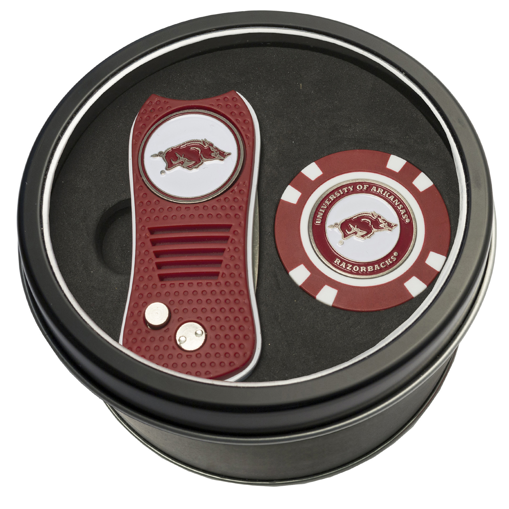 Arkansas Razorbacks Divot Tool & Golf Chip Personalized Tin Gift Set Arkansas Razorbacks Divot Tool & Golf Chip Personalized Tin Gift Set