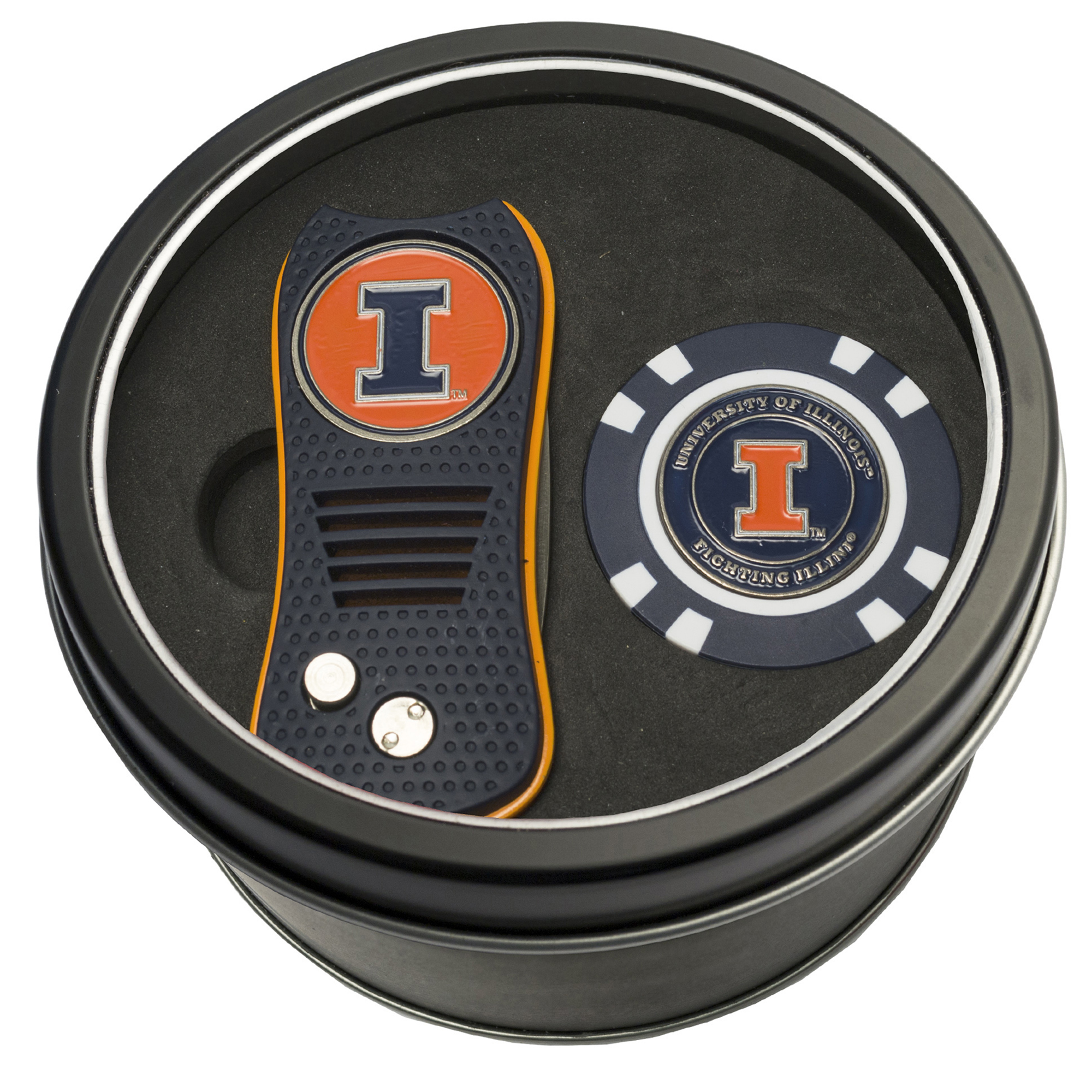 Illinois Fighting Illini Divot Tool & Golf Chip Personalized Tin Gift Set