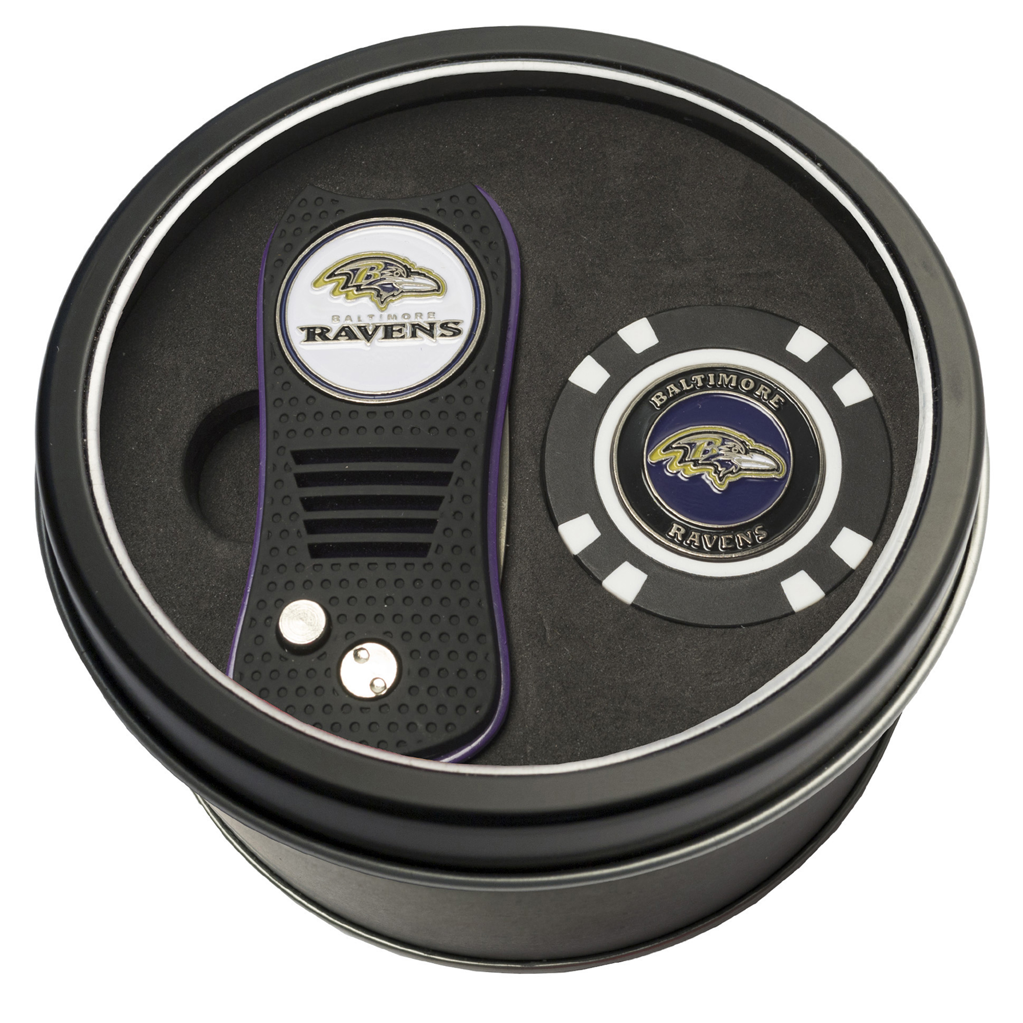 Baltimore Ravens Divot Tool & Golf Chip Personalized Tin Gift Set Baltimore Ravens Divot Tool & Golf Chip Personalized Tin Gift Set
