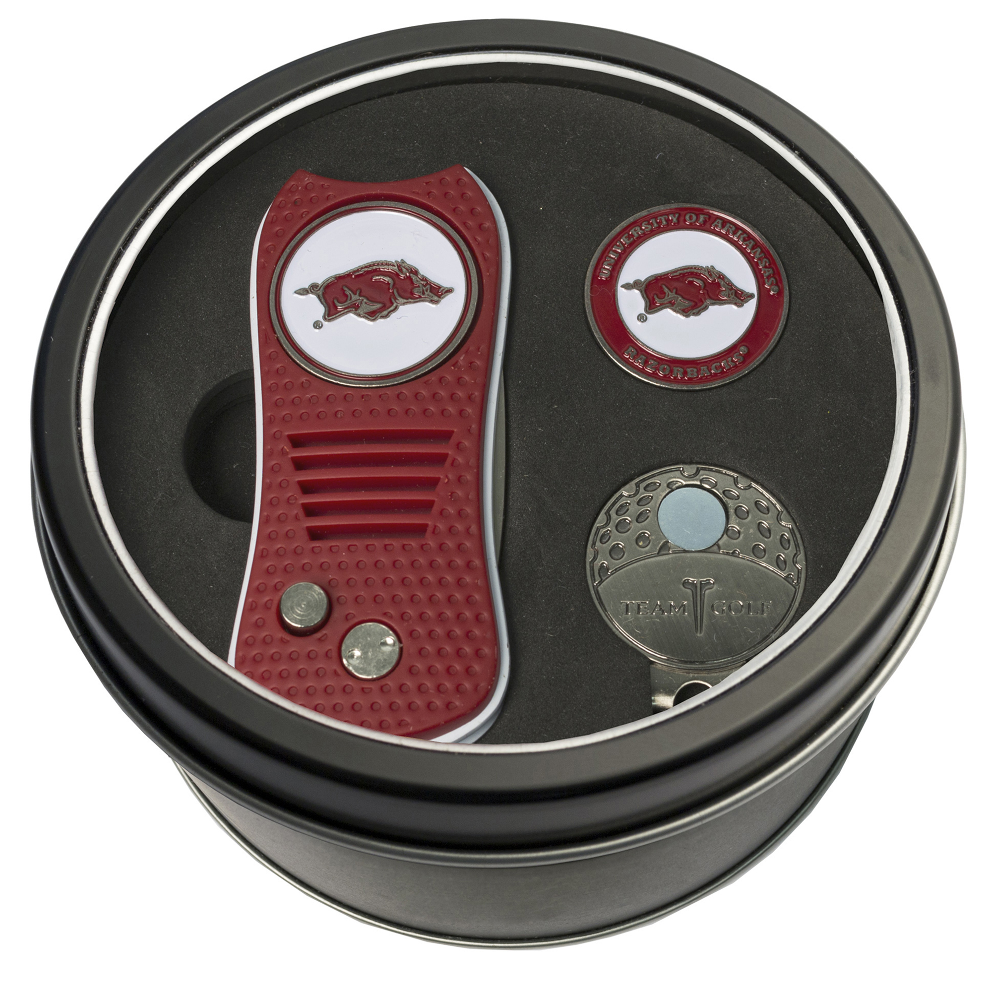 Arkansas Razorbacks Divot Tool Ball Marker & Cap Clip Personalized Tin Gift Set Arkansas Razorbacks Divot Tool Ball Marker & Cap Clip Personalized Tin Gift Set