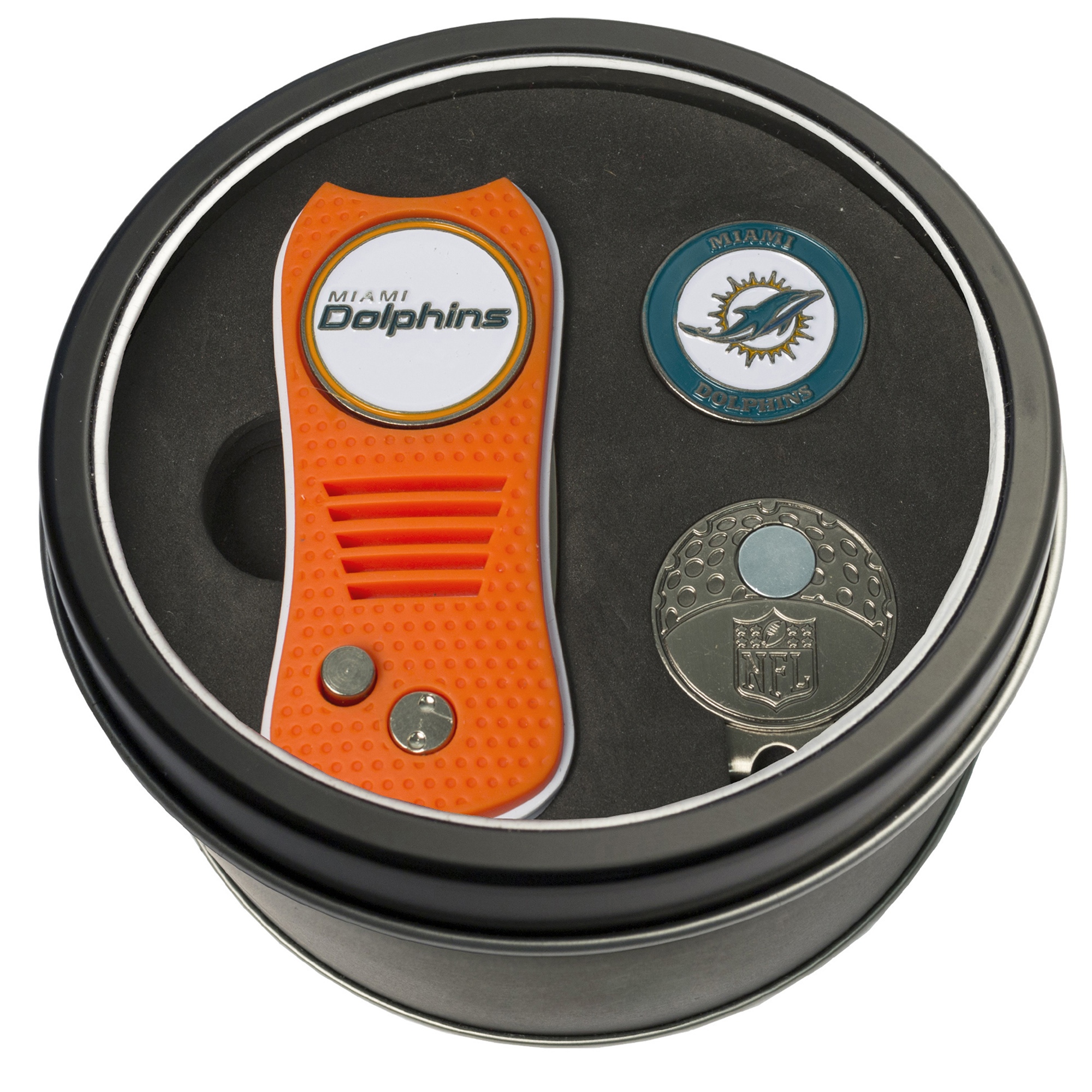 Miami Dolphins Divot Tool Ball Marker & Cap Clip Personalized Tin Gift Set
